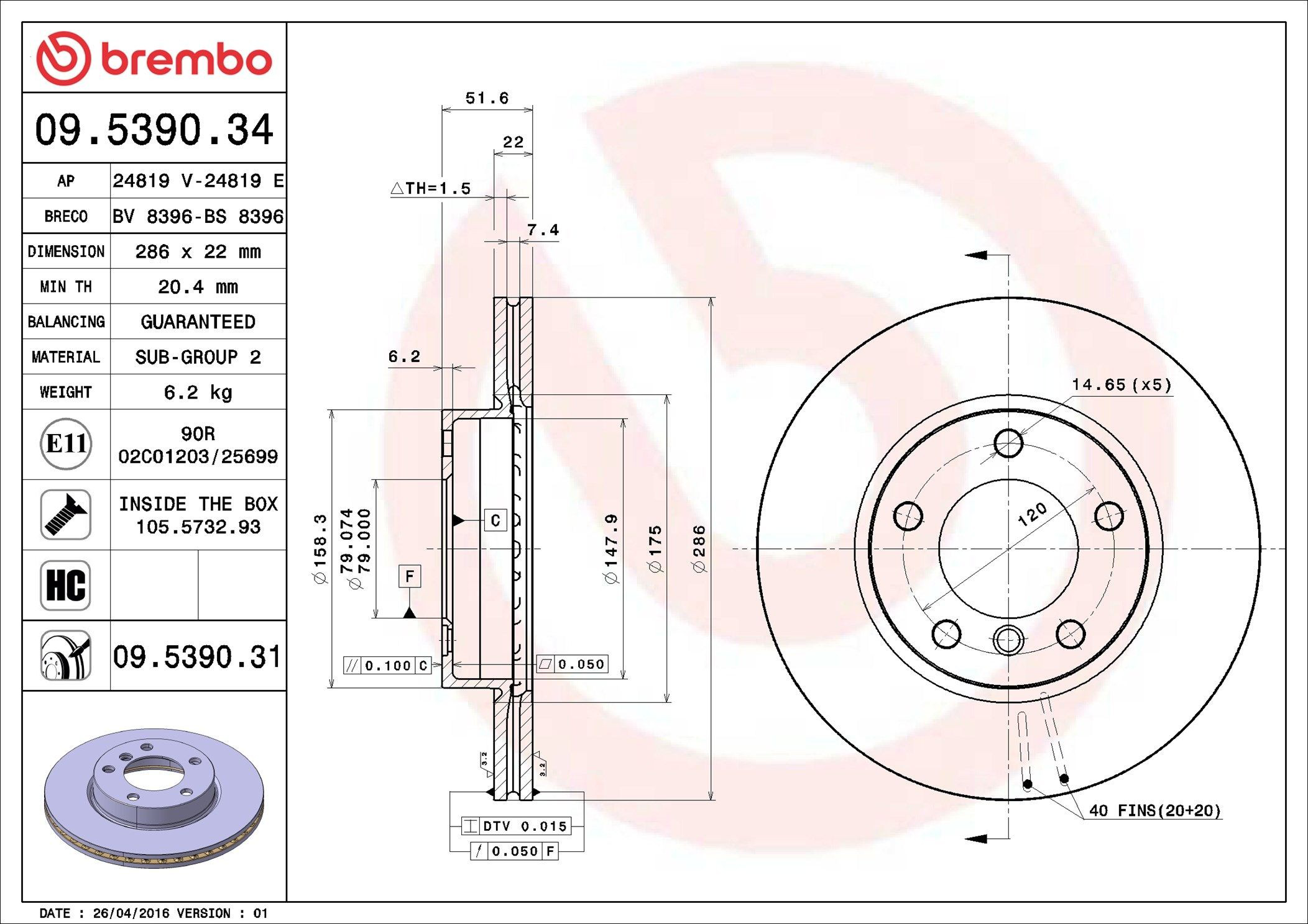Tarcza hamulcowa przednia Brembo 09539031 cena, od 42,26 USD