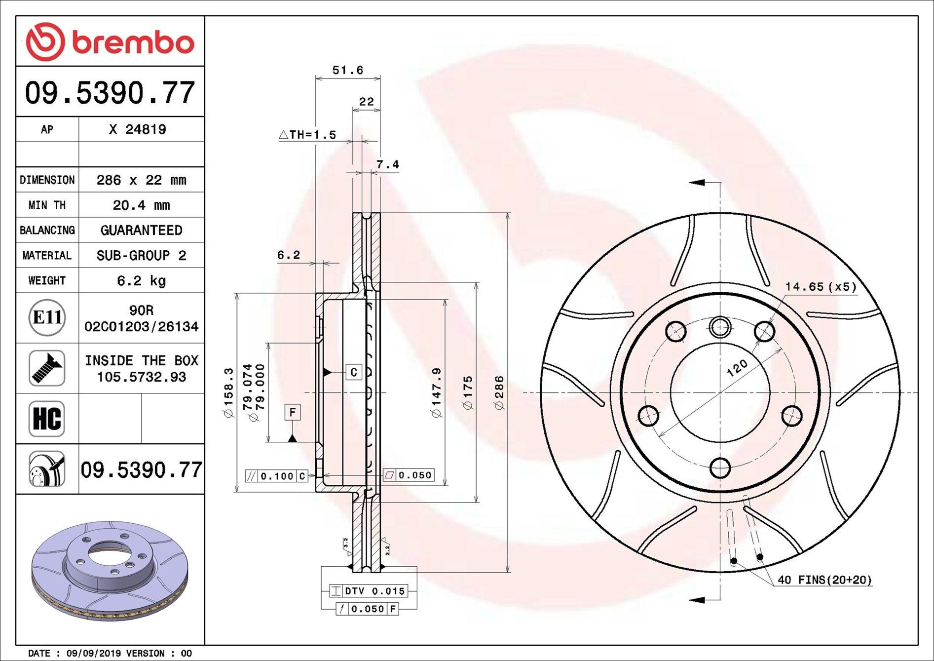 Tarcza hamulcowa przednia Brembo 09539077 cena, od 42,26 USD