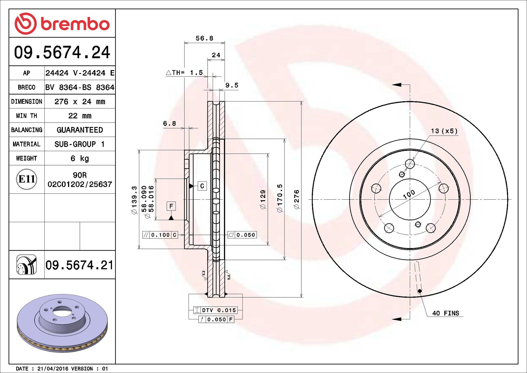 Do koszyka 09567421 Brembo Tarcza hamulcowa przednia