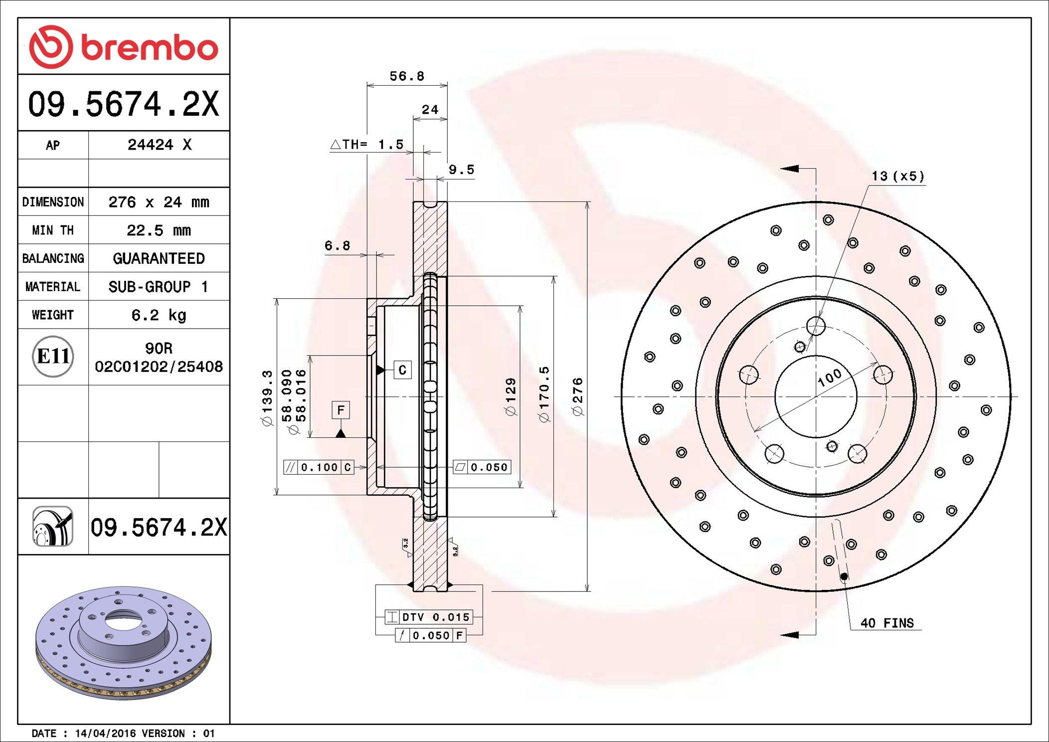 Tarcza hamulcowa przednia Brembo 0956742X cena, od 44,76 USD
