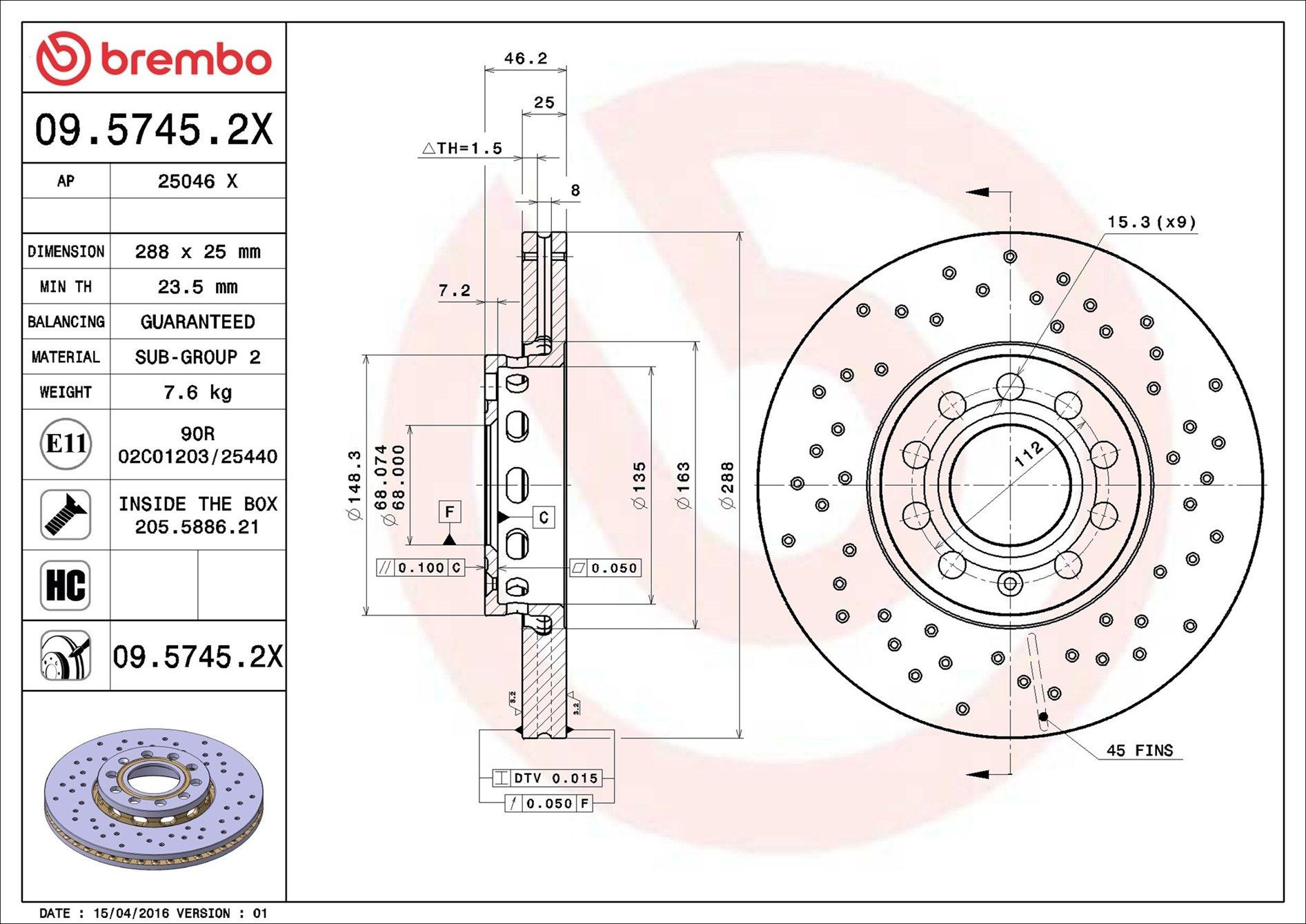 0957452X Brembo Tarcza hamulcowa przednia