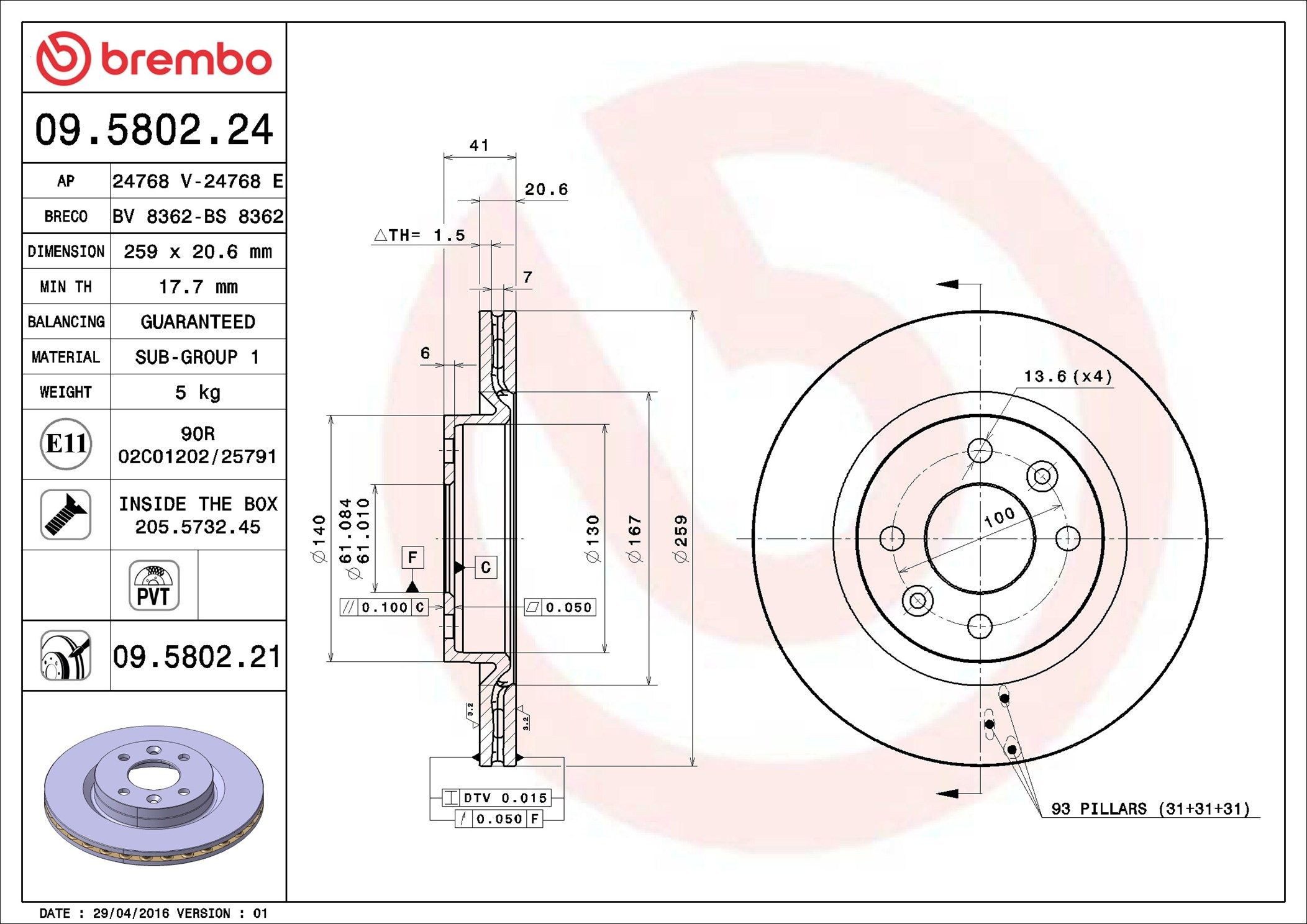 Do koszyka 09580221 Brembo Tarcza hamulcowa przednia