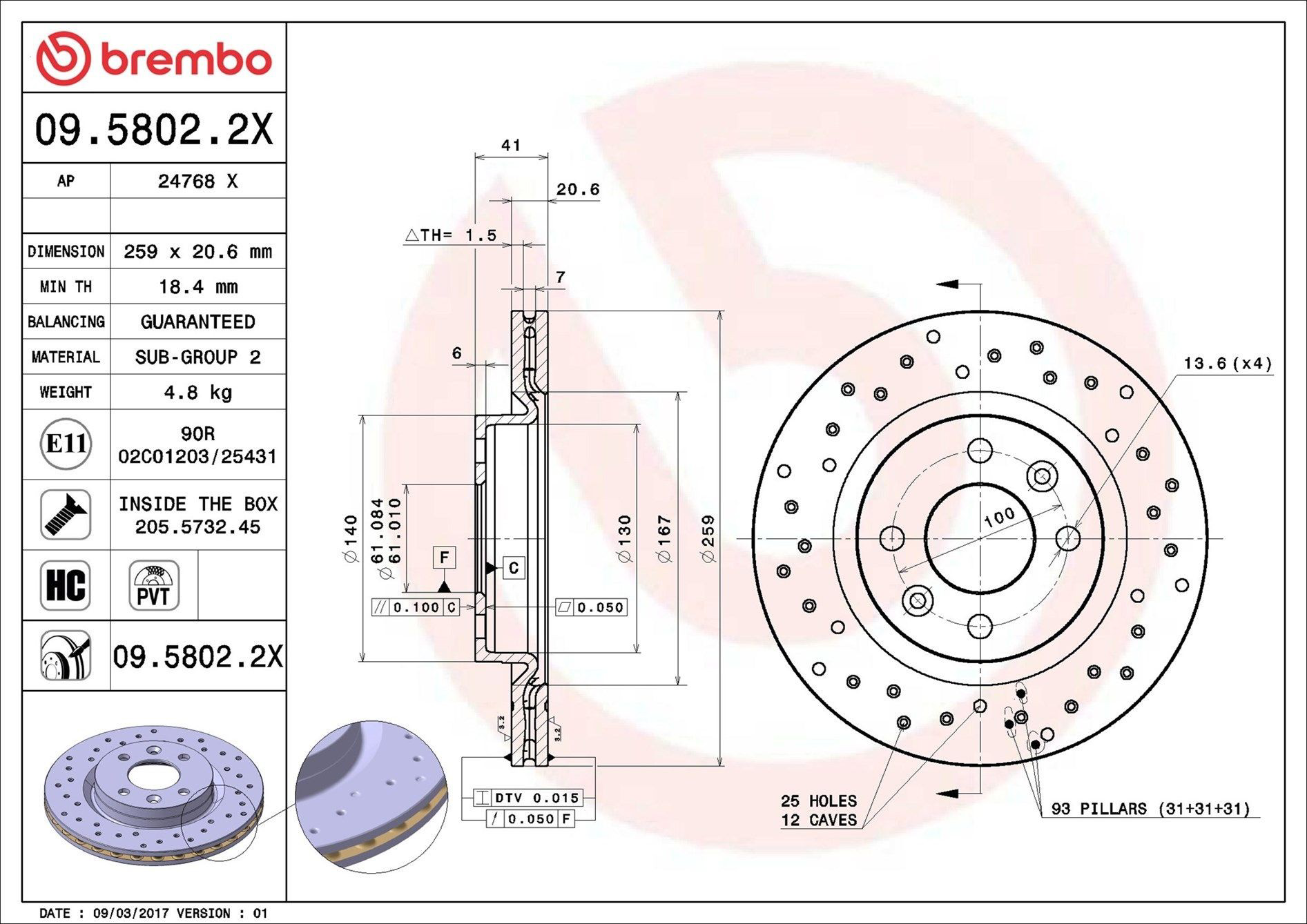 Tarcza hamulcowa przednia Brembo 0958022X cena, od 33,61 USD