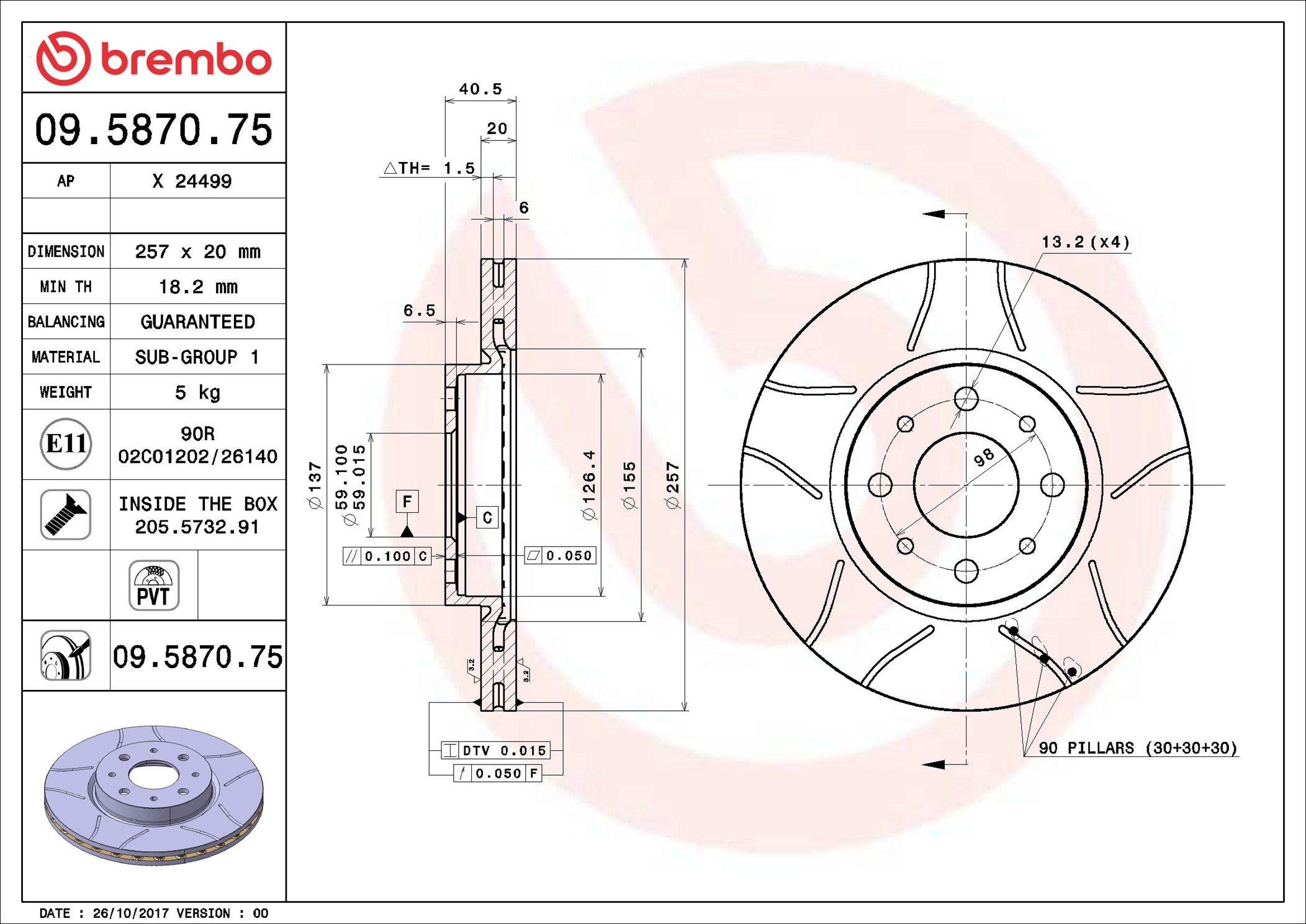 Tarcza hamulcowa przednia Brembo 09587075 cena, od 34,40 USD