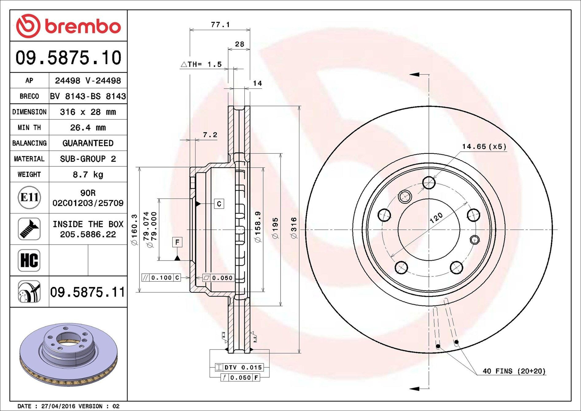 Do koszyka 09587511 Brembo Tarcza hamulcowa przednia