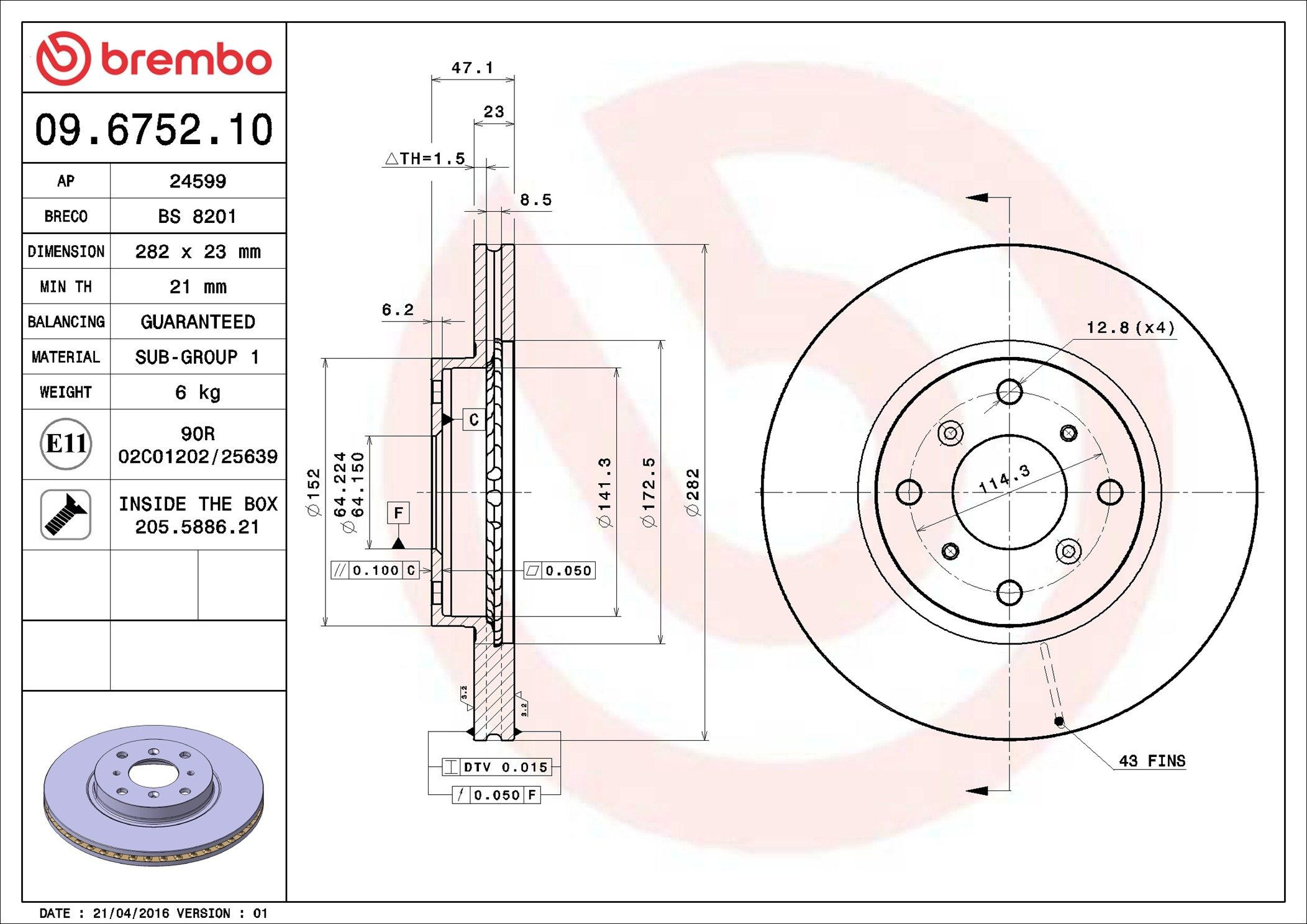 Tarcza hamulcowa przednia Brembo 09675210 cena, od 57,79 USD