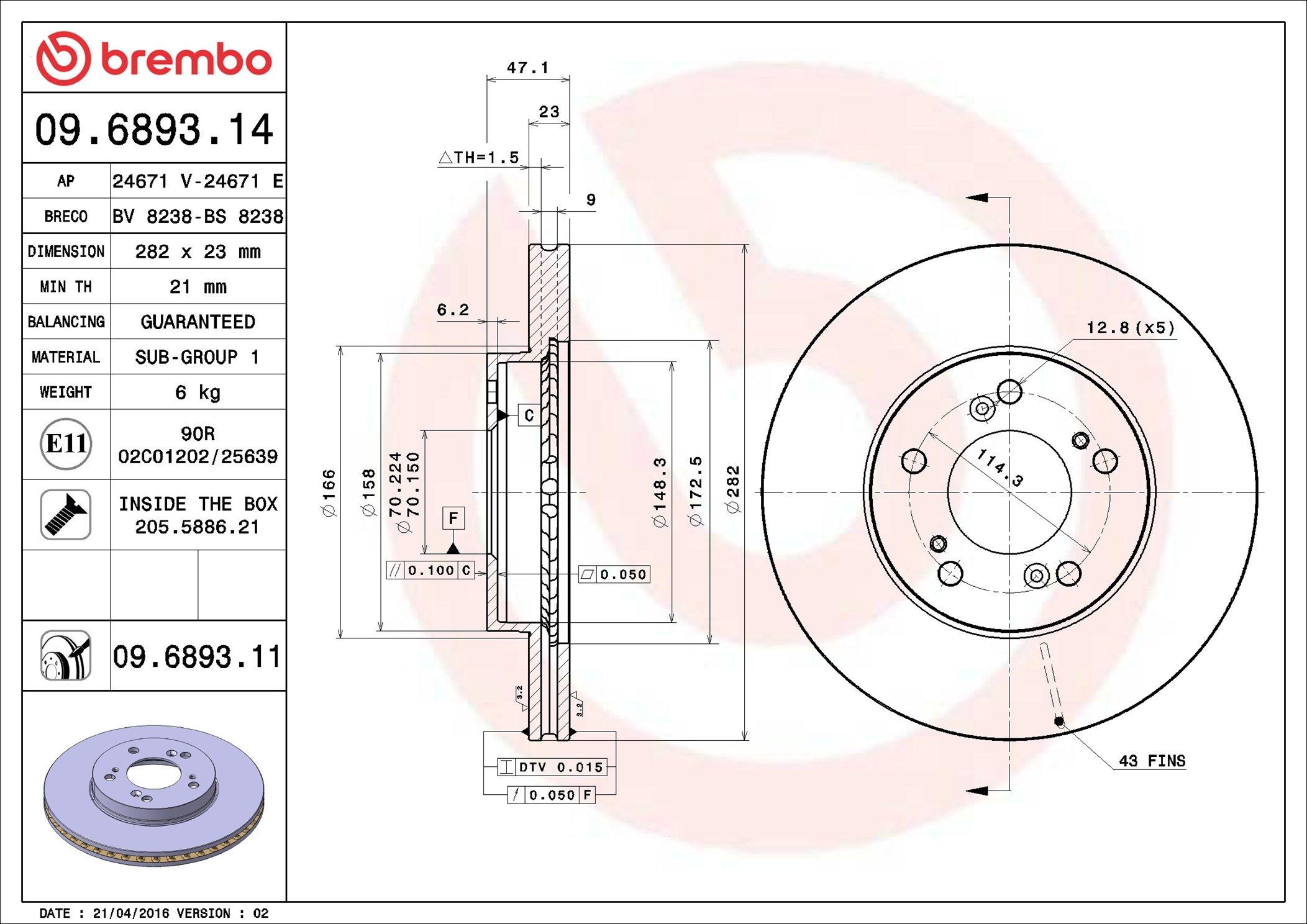 Tarcza hamulcowa przednia Brembo 09689311 cena, od 47,48 USD