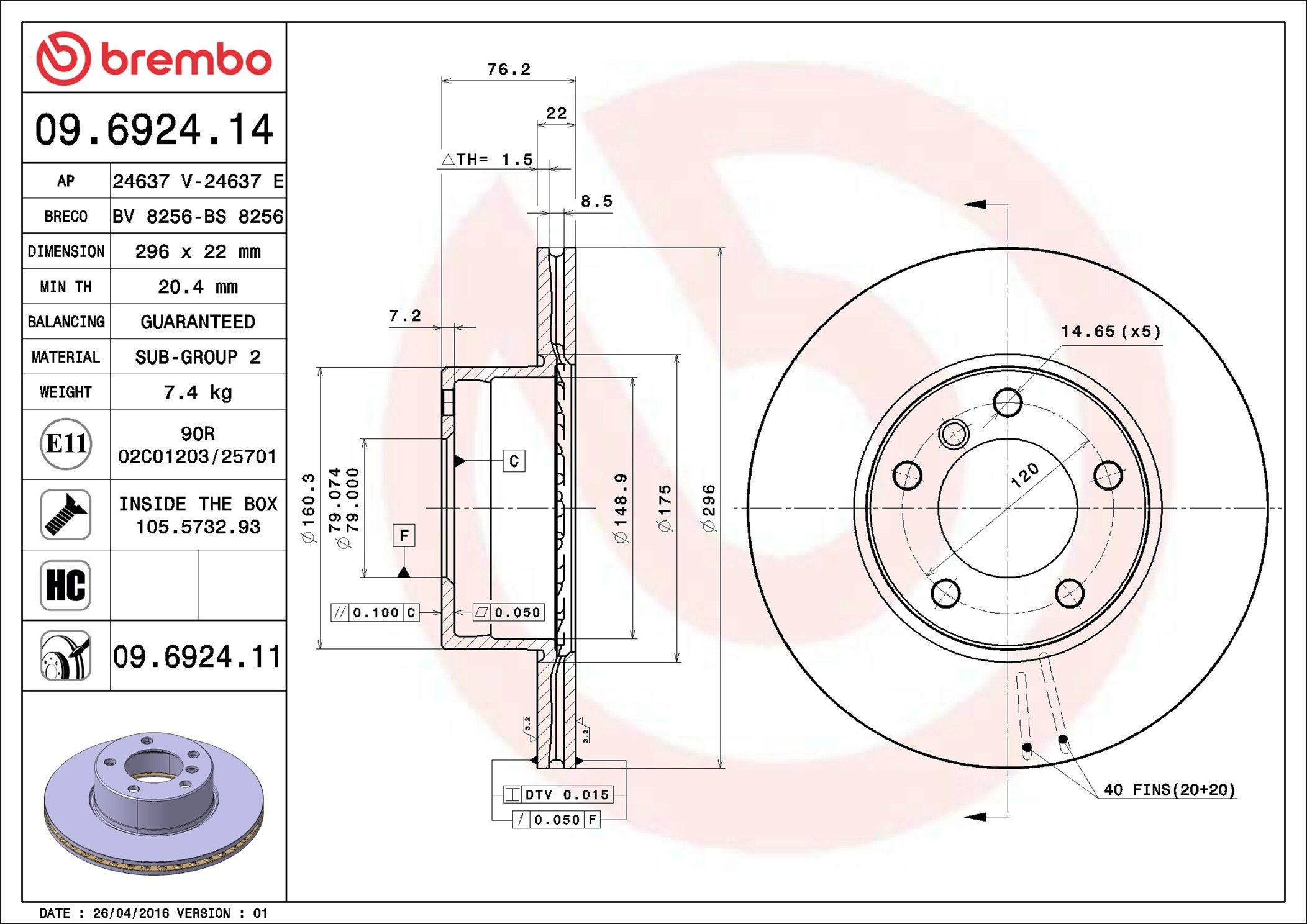 Tarcza hamulcowa przednia Brembo 09692411 cena, od 51,10 USD