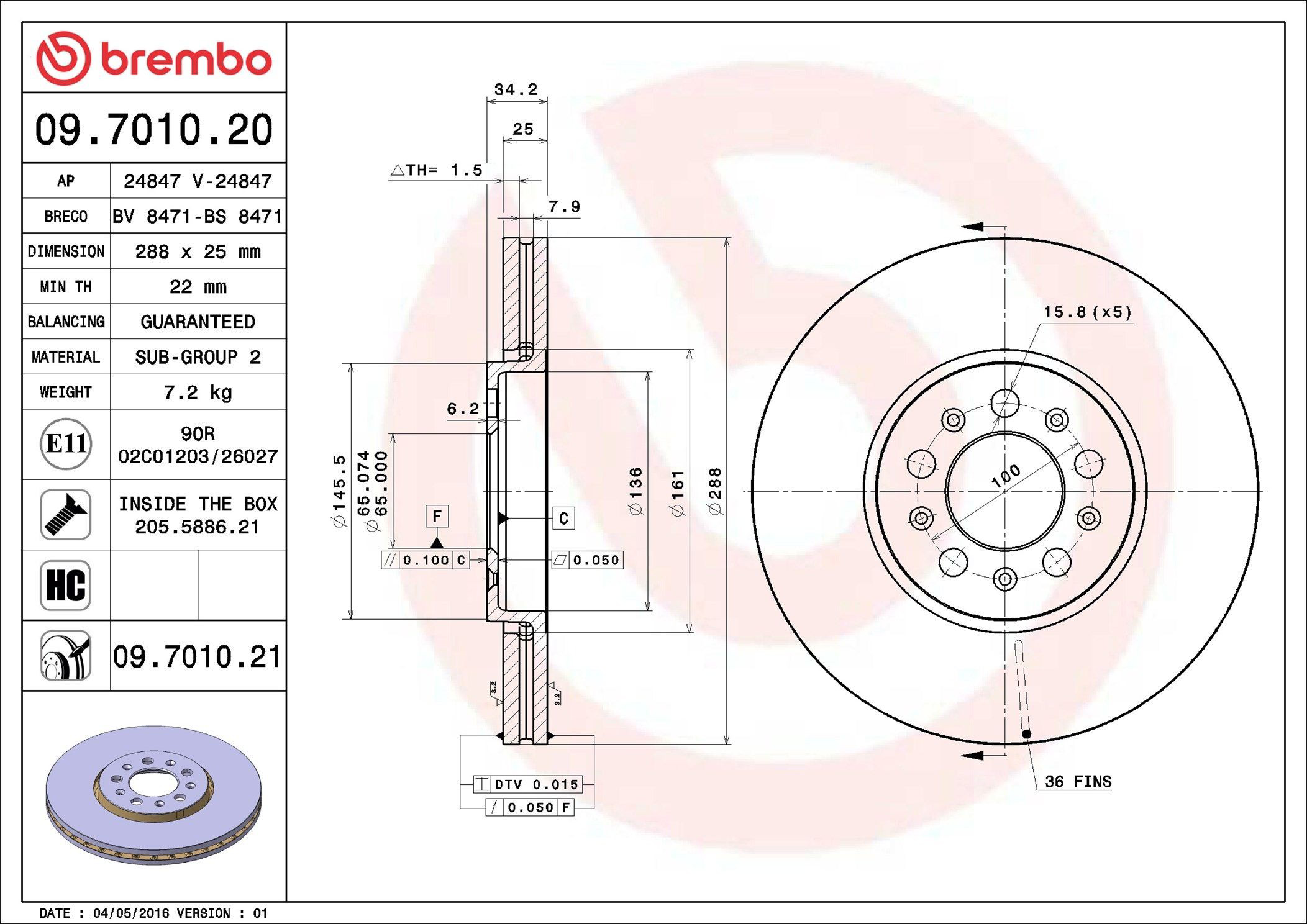 Do koszyka 09701021 Brembo Tarcza hamulcowa przednia