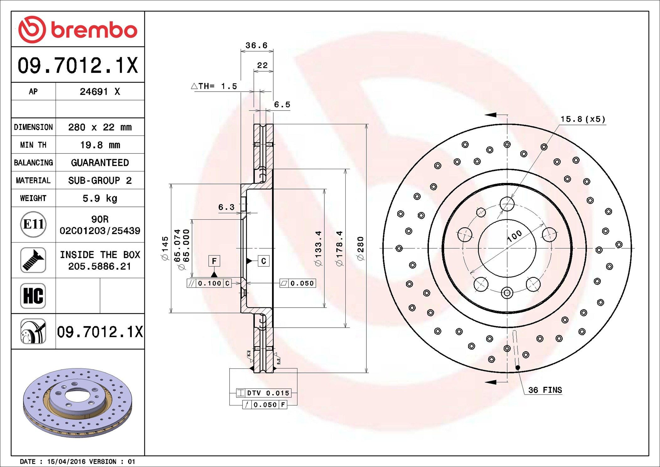 Tarcza hamulcowa przednia Brembo 0970121X cena, od 42,28 USD