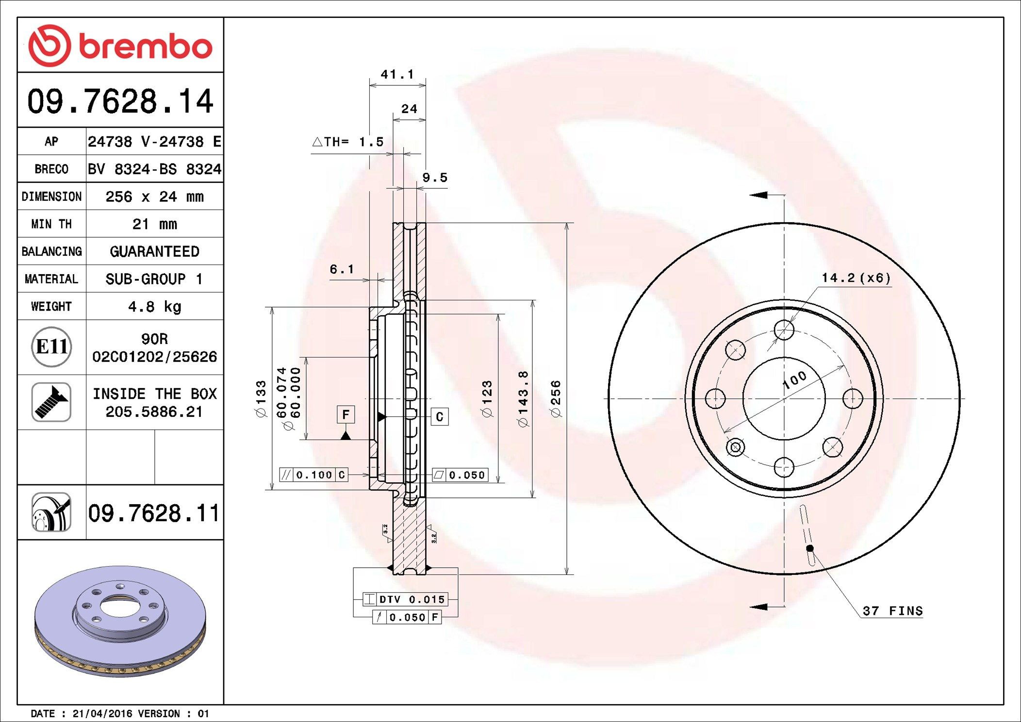 Do koszyka 09762814 Brembo Tarcza hamulcowa przednia