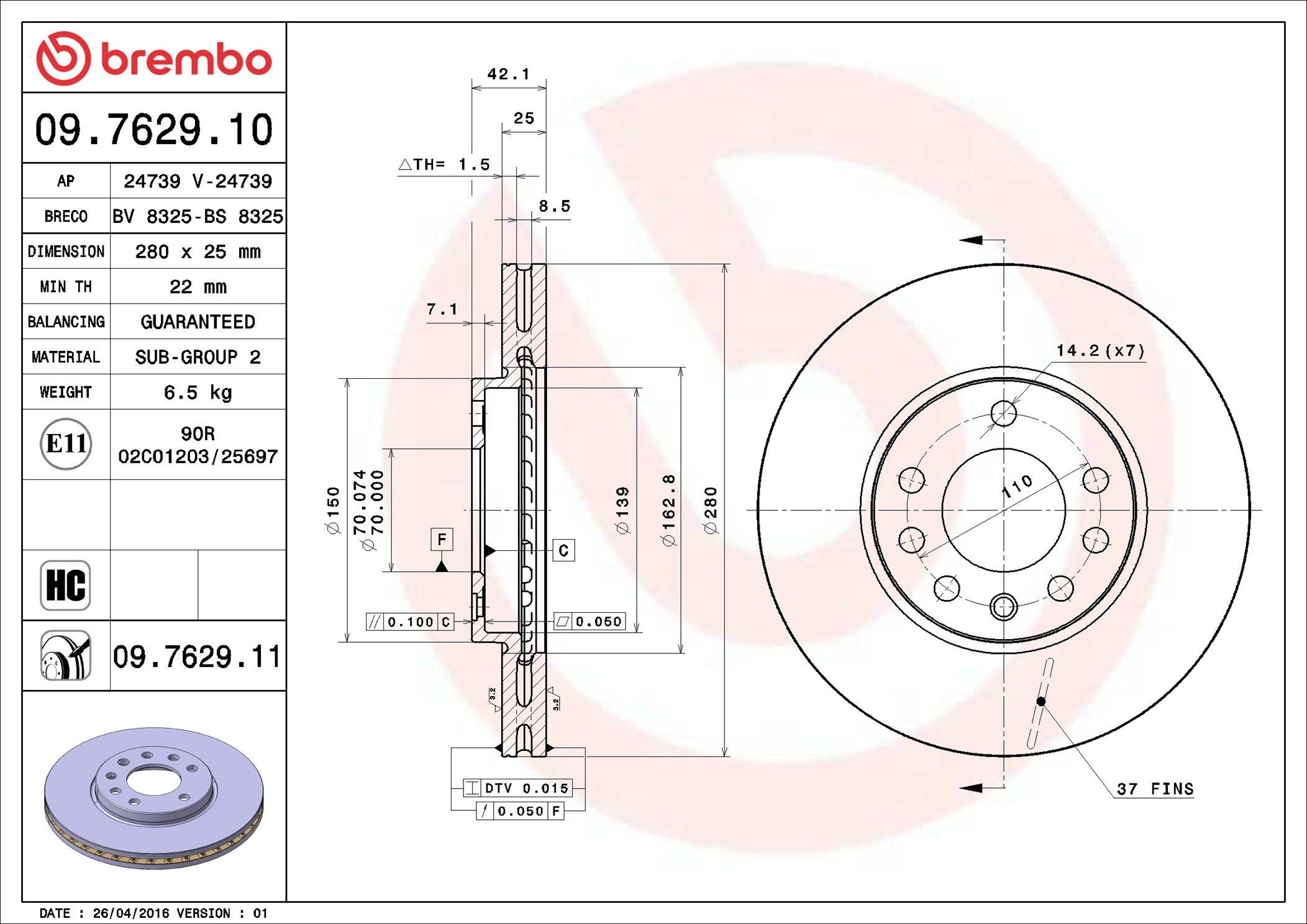 Tarcza hamulcowa przednia Brembo 09762911 cena, od 44,44 USD