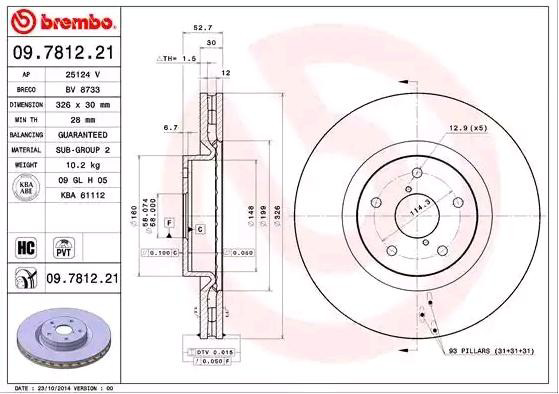 Tarcza hamulcowa przednia 09781221 Brembo