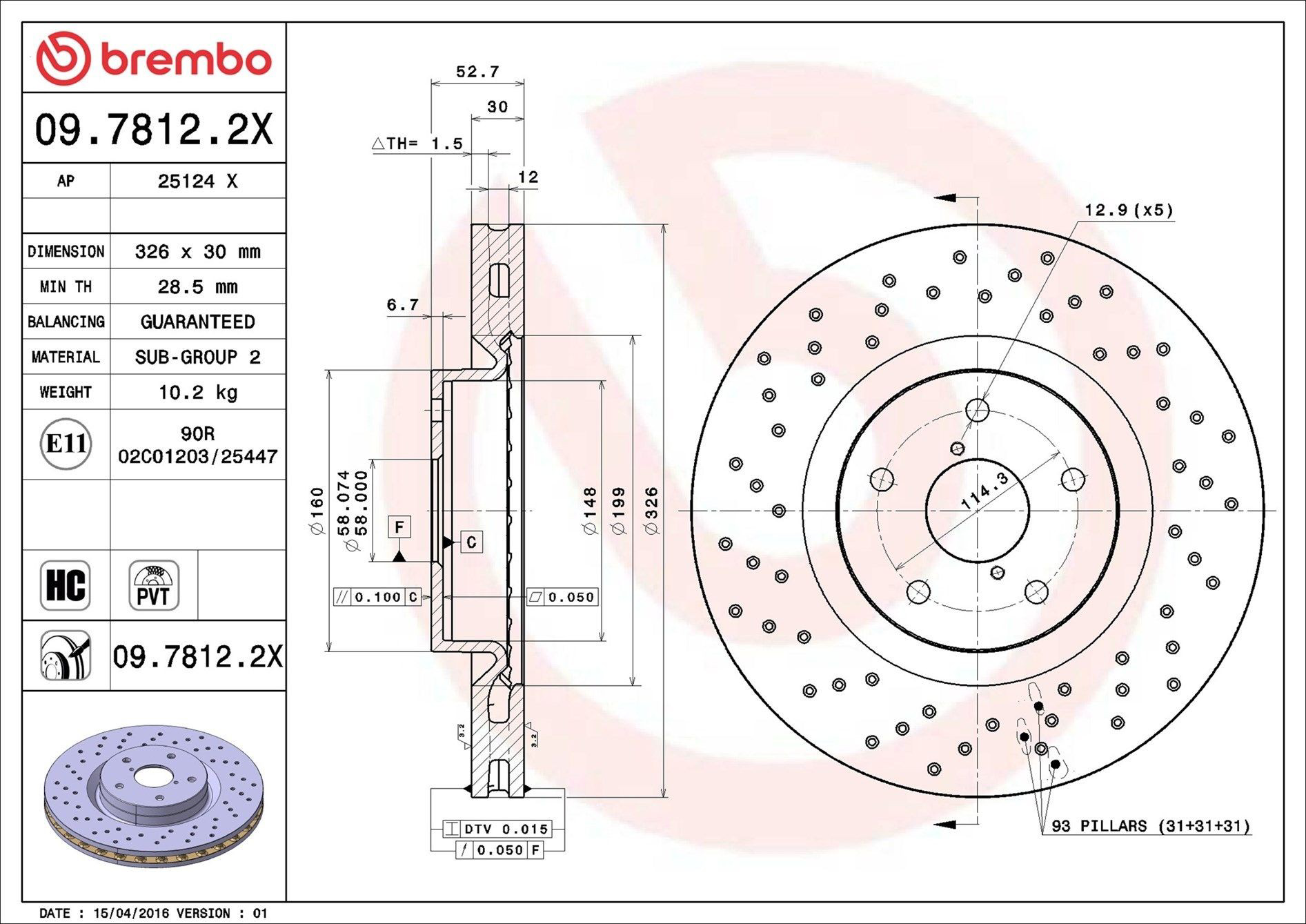 Tarcza hamulcowa przednia Brembo 0978122X cena, od 106,89 USD