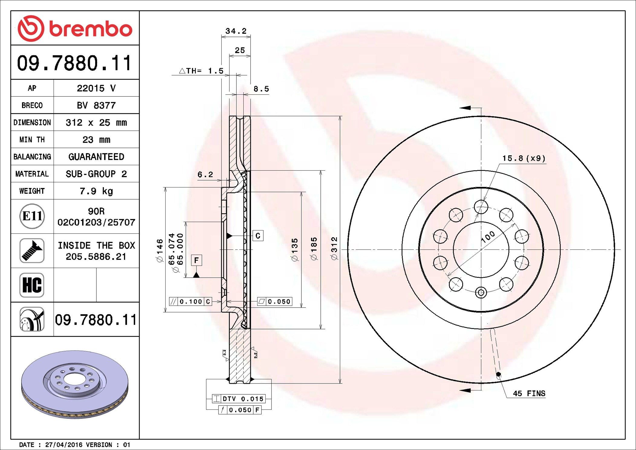 Tarcza hamulcowa przednia Brembo 09788011 cena, od 48,29 USD