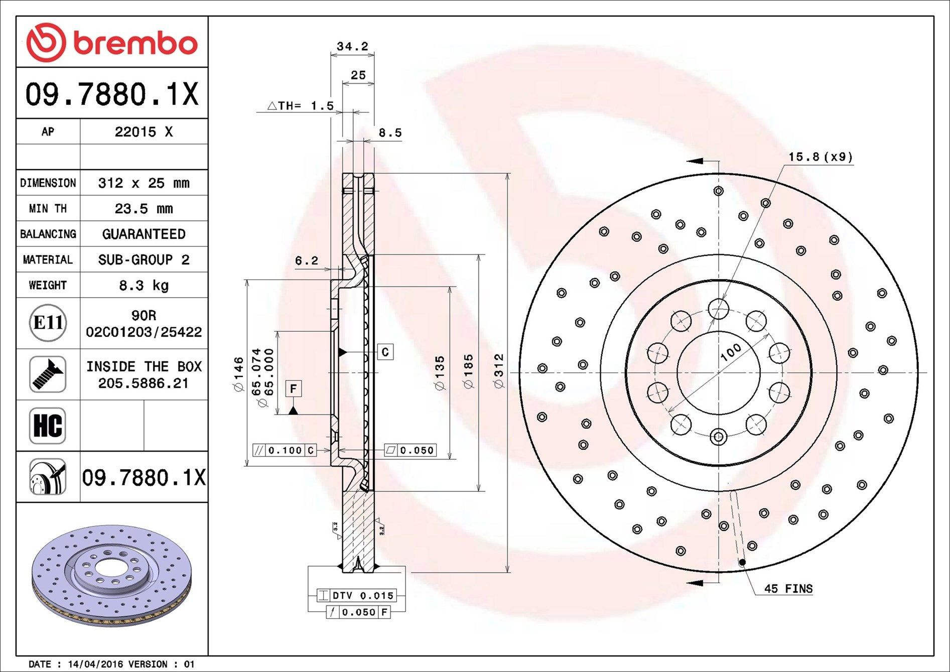Tarcza hamulcowa przednia Brembo 0978801X cena, od 58,70 USD