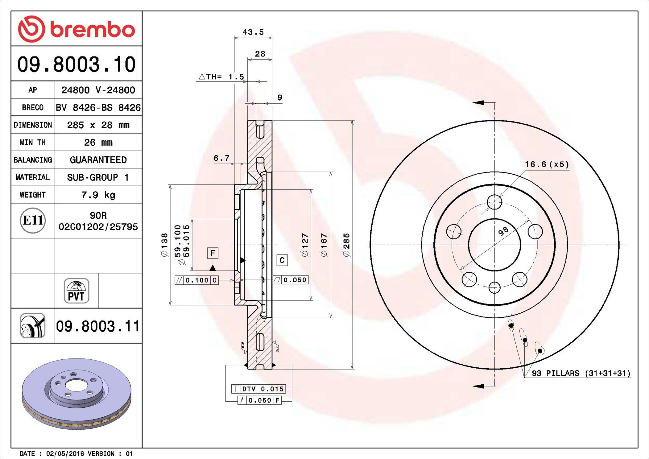 Tarcza hamulcowa przednia 09800311 Brembo