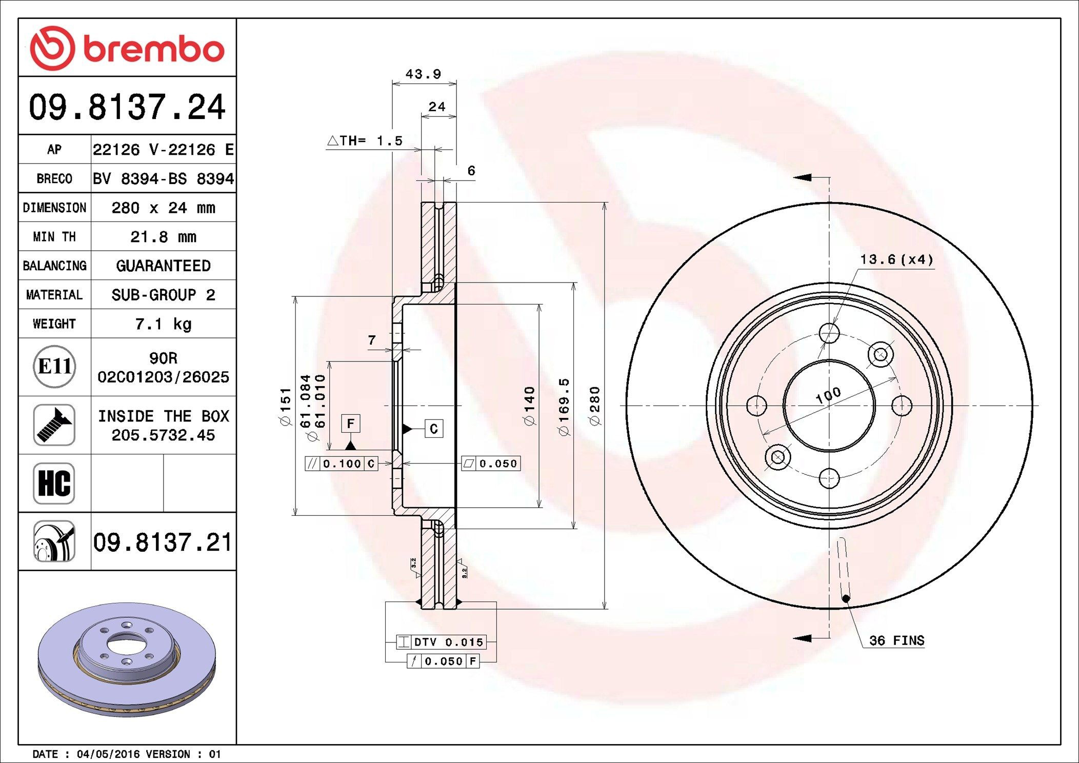 Tarcza hamulcowa przednia Brembo 09813721 cena, od 46,69 USD