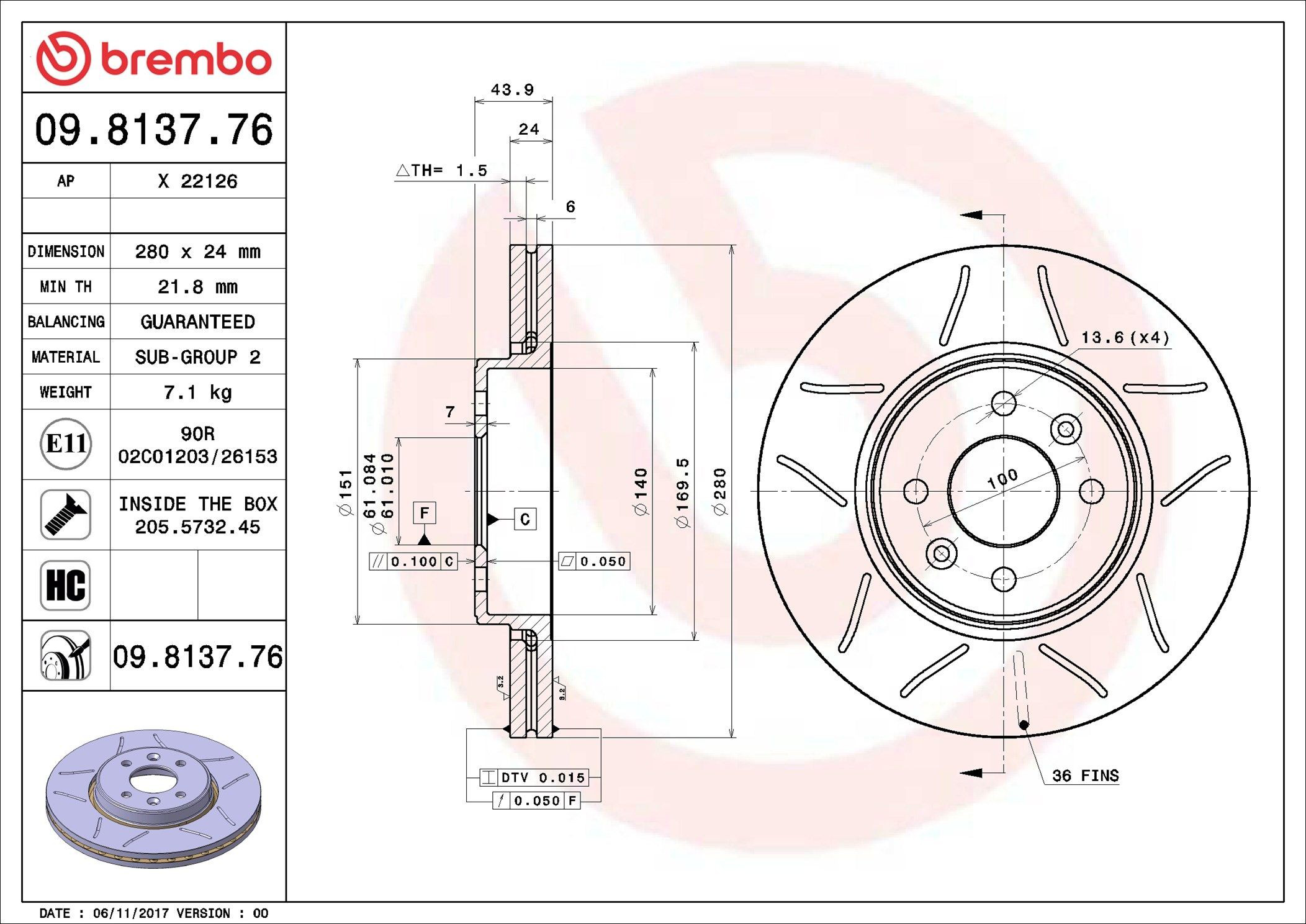 09813776 Brembo Tarcza hamulcowa przednia