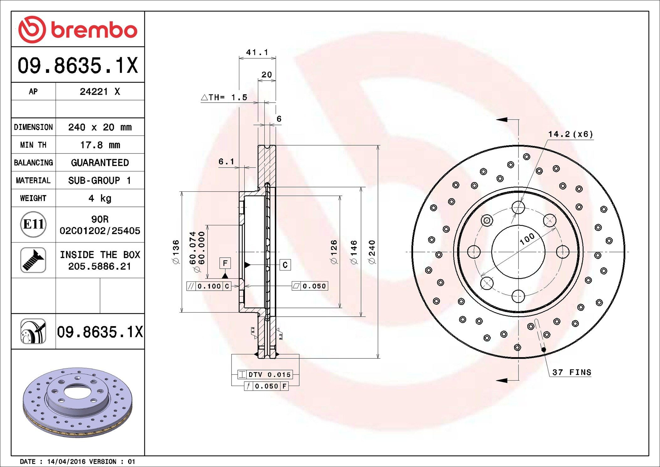 Tarcza hamulcowa przednia 0986351X Brembo