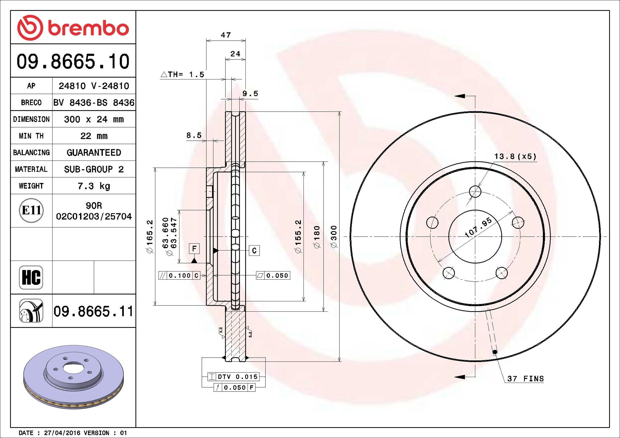 Tarcza hamulcowa przednia Brembo 09866511 cena, od 48,02 USD