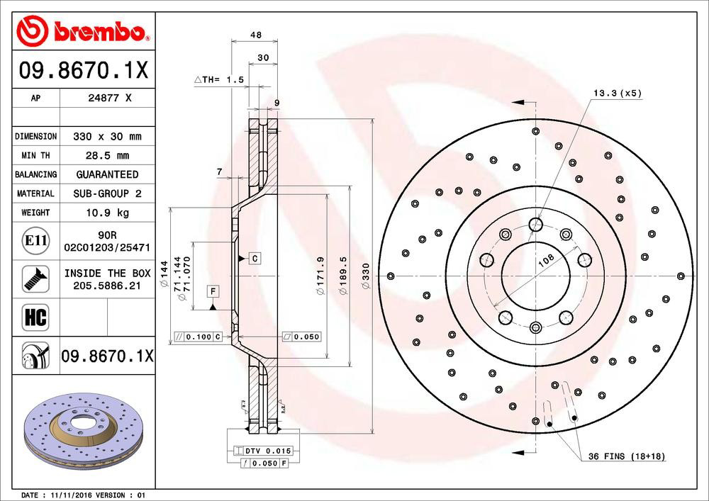 Tarcza hamulcowa przednia 0986701X Brembo