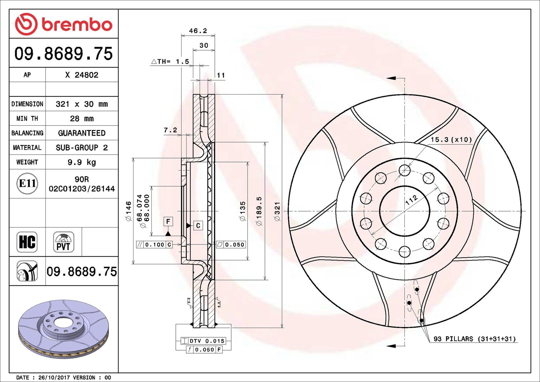 Tarcza hamulcowa przednia 09868975 Brembo