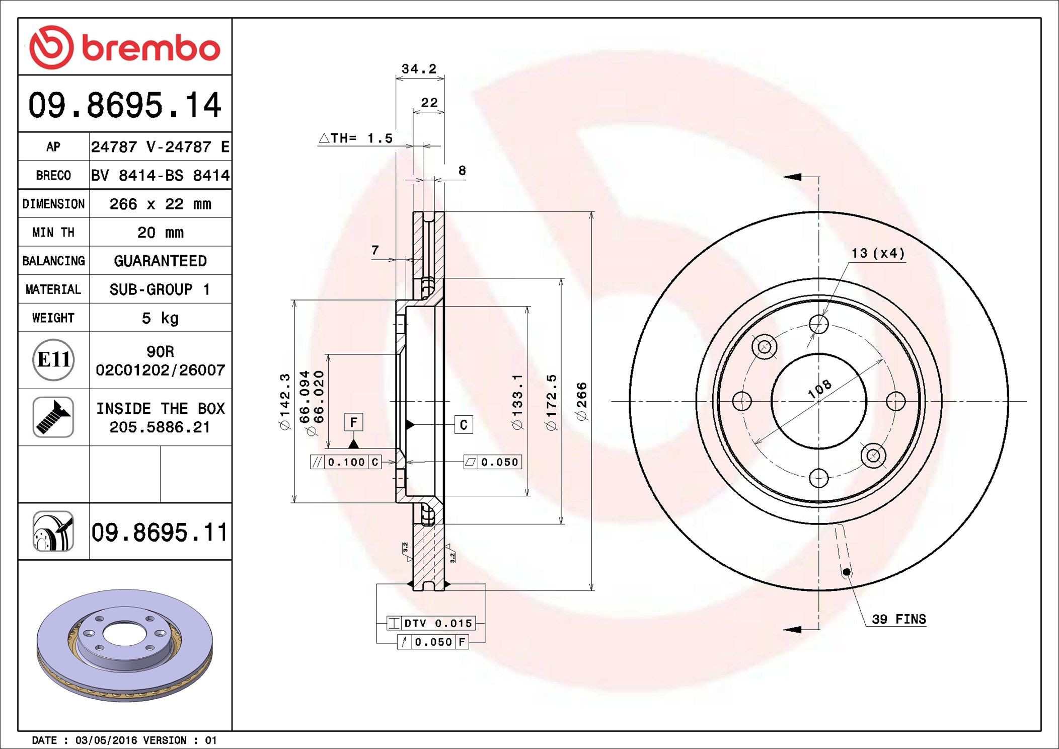 Do koszyka 09869511 Brembo Tarcza hamulcowa przednia