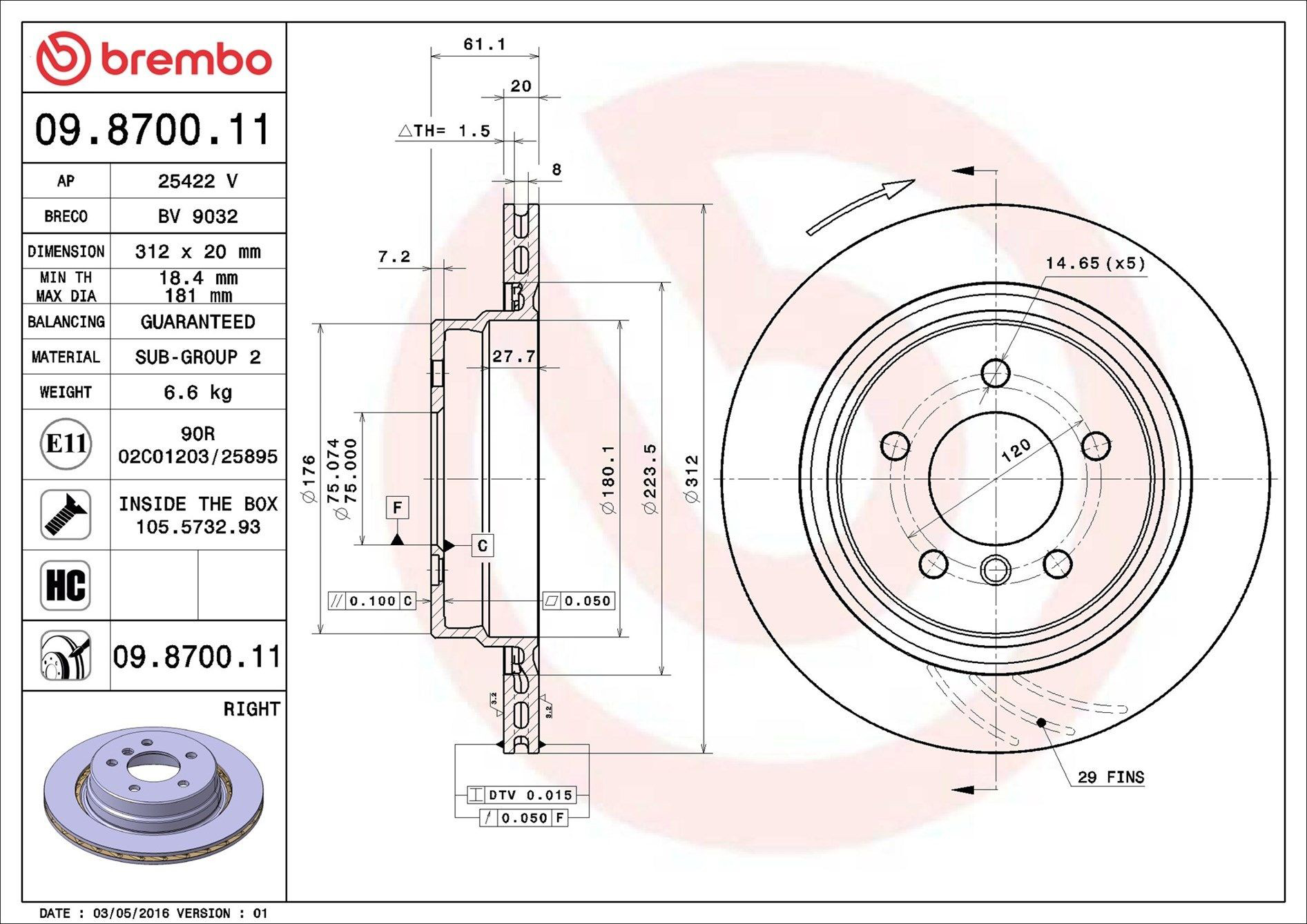 Tarcza hamulcowa tylna Brembo 09870011 cena, od 94,35 USD