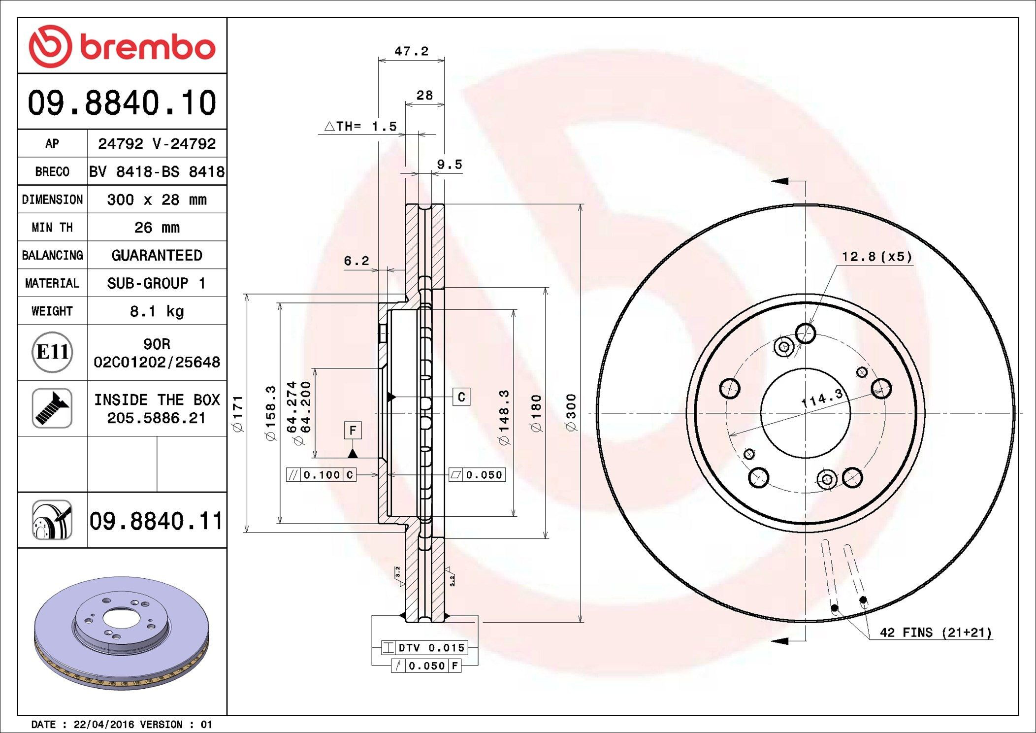 Tarcza hamulcowa przednia Brembo 09884011 cena, od 61,20 USD