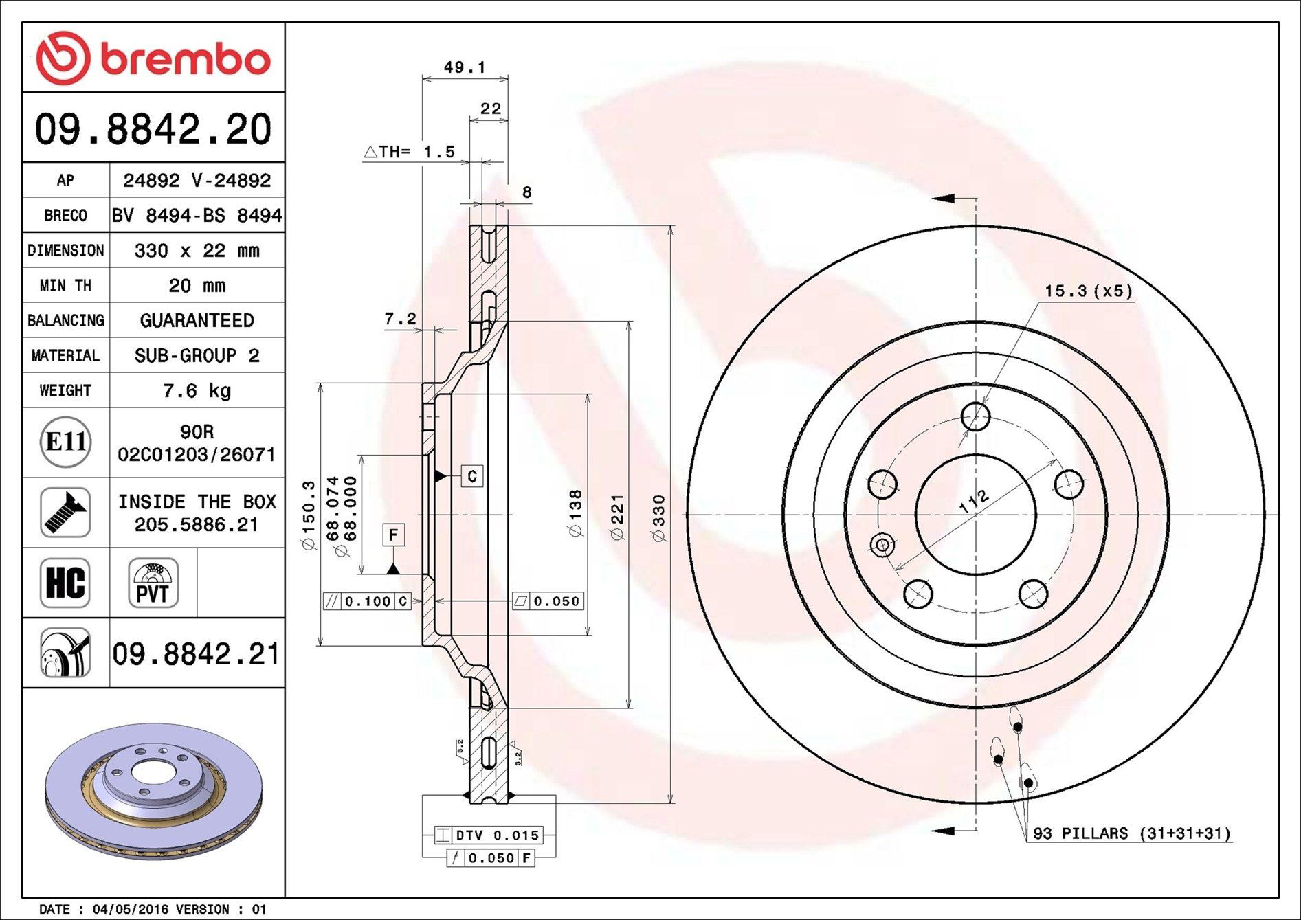 Tarcza hamulcowa tylna Brembo 09884221 cena, od 55,29 USD