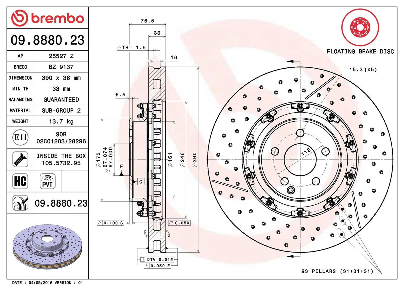 Tarcza hamulcowa przednia Brembo 09888023 cena, od 970,92 USD
