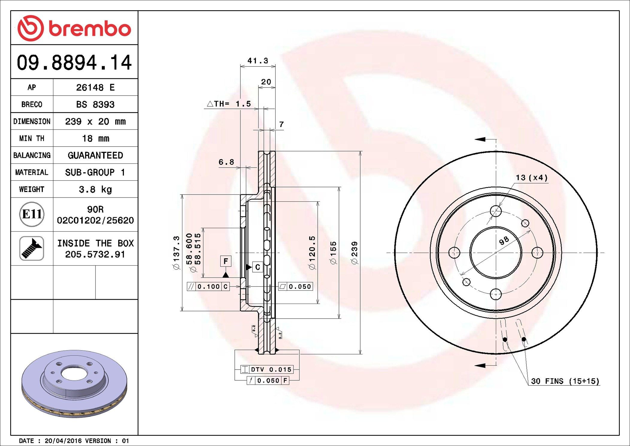 Tarcza hamulcowa przednia Brembo 09889414 cena, od 27,25 USD