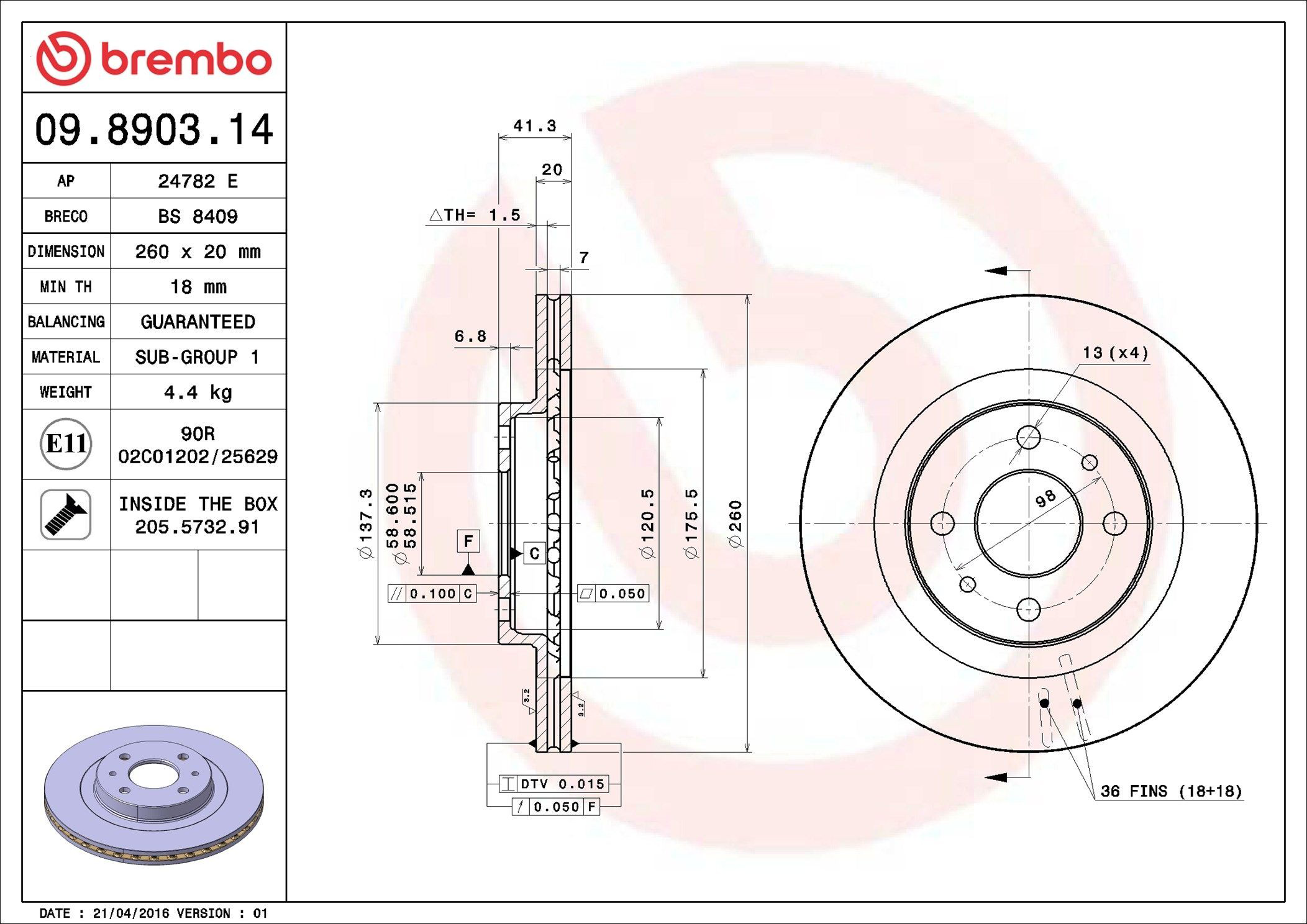 Tarcza hamulcowa przednia Brembo 09890314 cena, od 32,93 USD