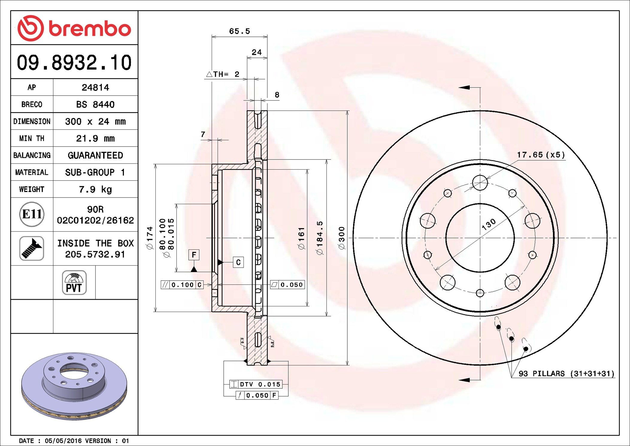 Tarcza hamulcowa przednia Brembo 09893210 cena, od 54,18 USD