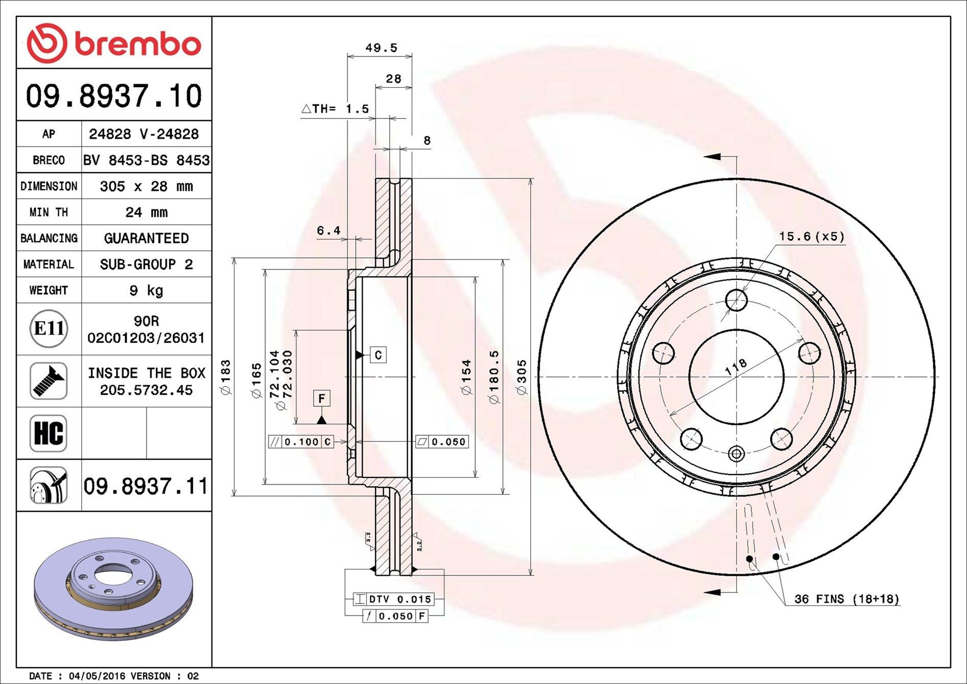 Tarcza hamulcowa przednia Brembo 09893710 cena, od 59,74 USD