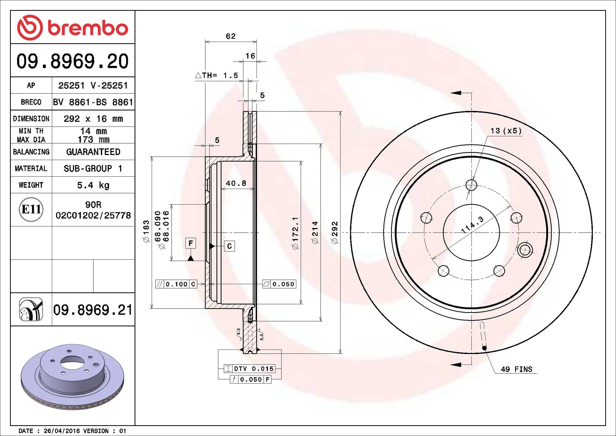 Tarcza hamulcowa tylna Brembo 09896920 cena, od 46,46 USD