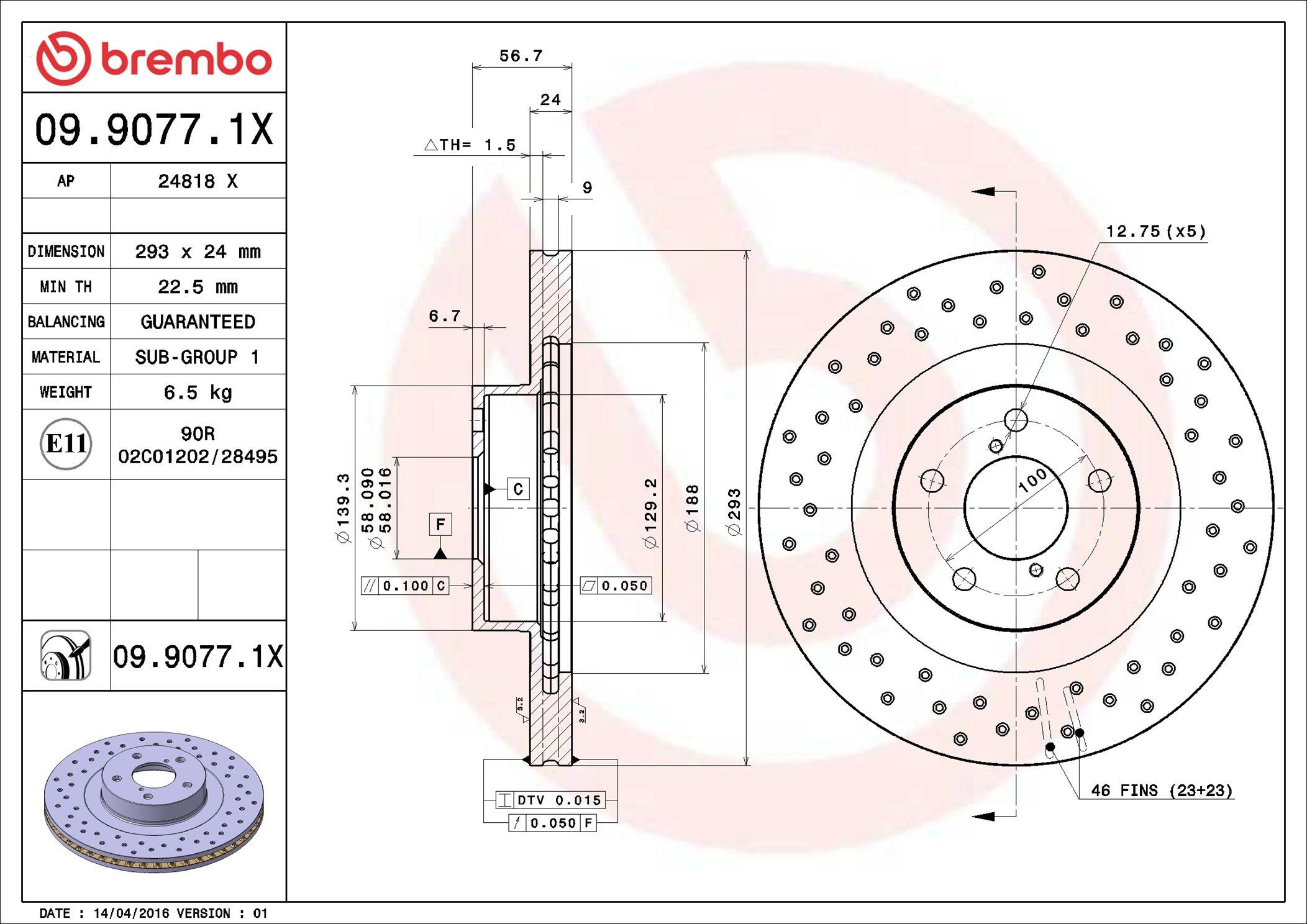 Tarcza hamulcowa przednia Brembo 0990771X cena, od 49,66 USD
