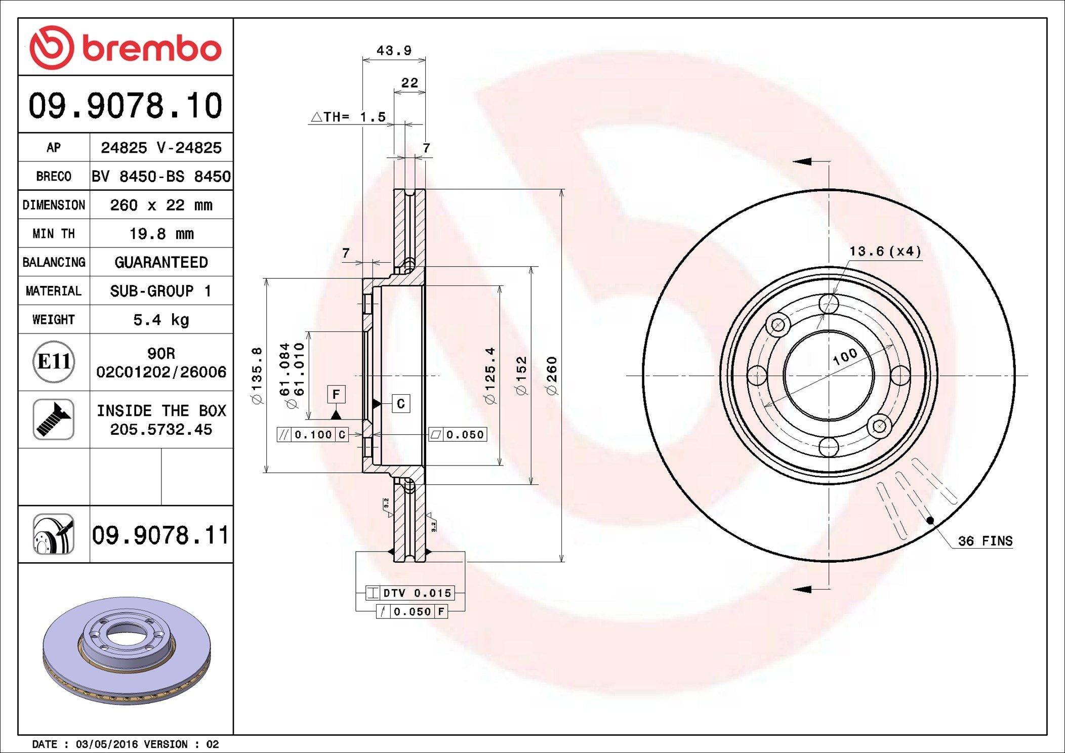Tarcza hamulcowa przednia Brembo 09907810 cena, od 35,61 USD