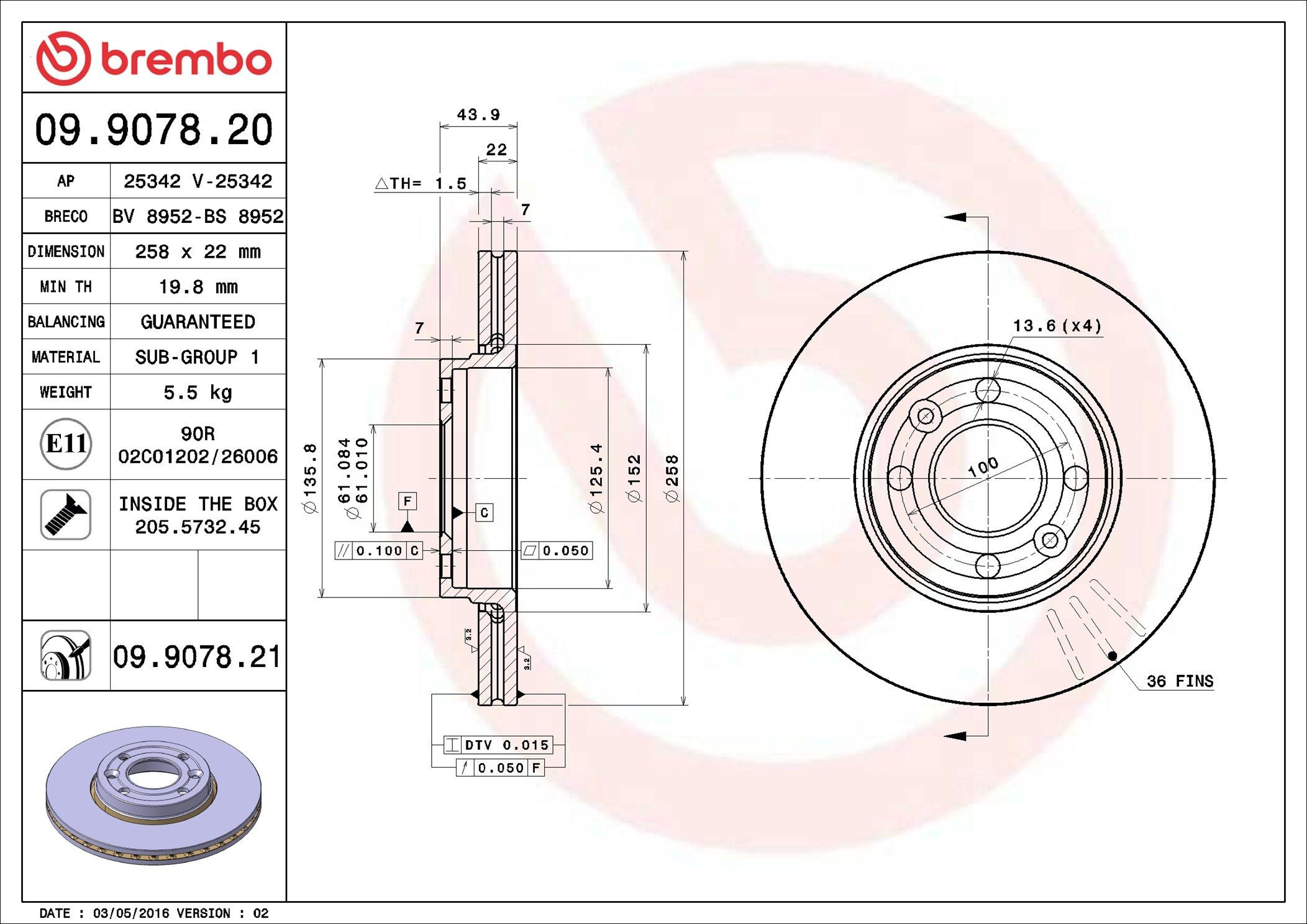 Tarcza hamulcowa przednia Brembo 09907821 cena, od 42,26 USD