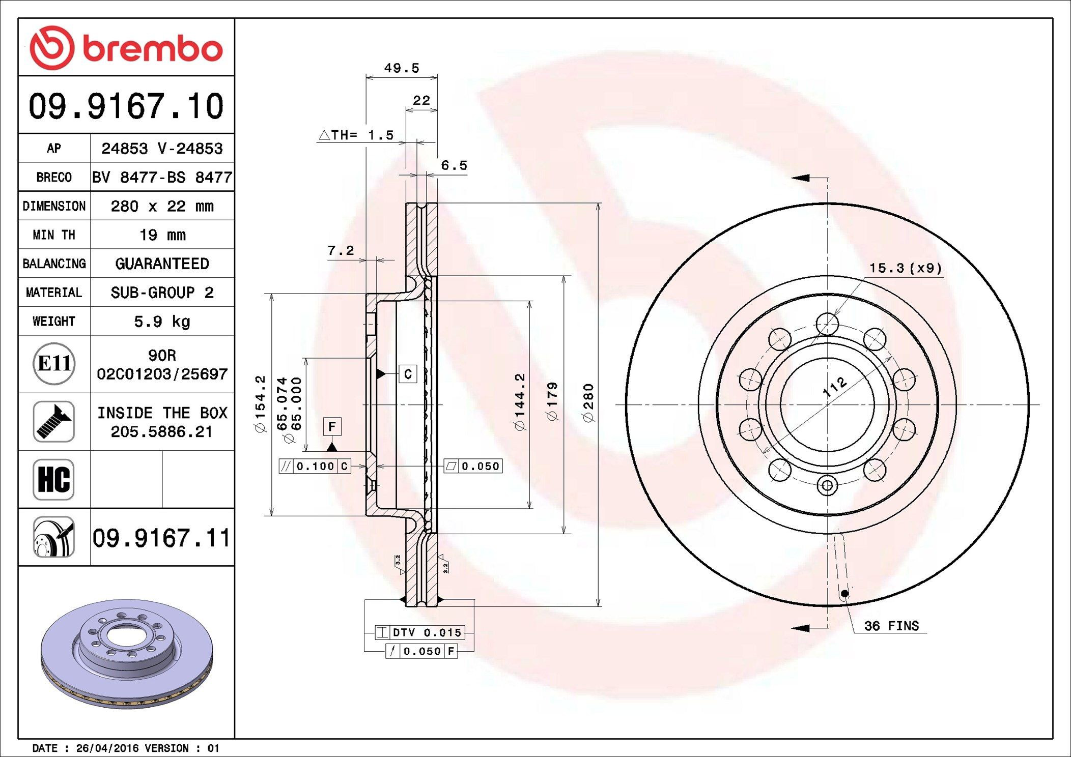Tarcza hamulcowa przednia 09916711 Brembo