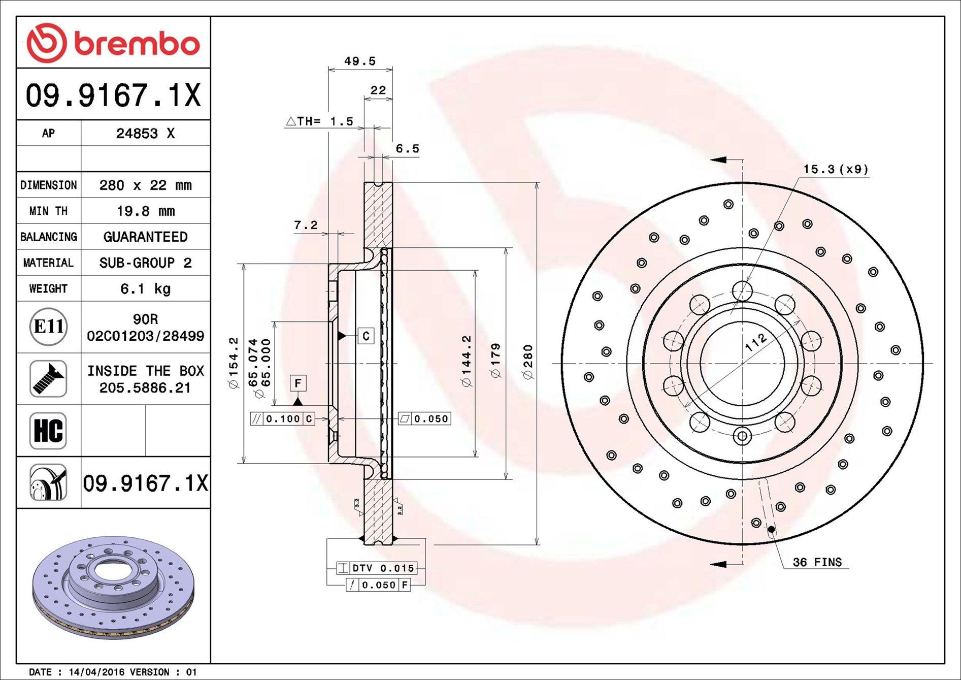 Tarcza hamulcowa przednia Brembo 0991671X cena, od 41,85 USD
