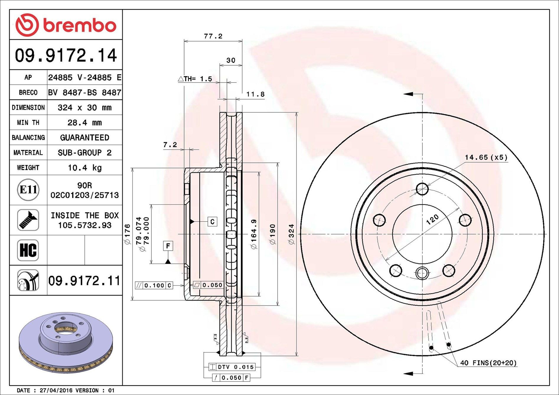 Tarcza hamulcowa przednia Brembo 09917211 cena, od 80,12 USD