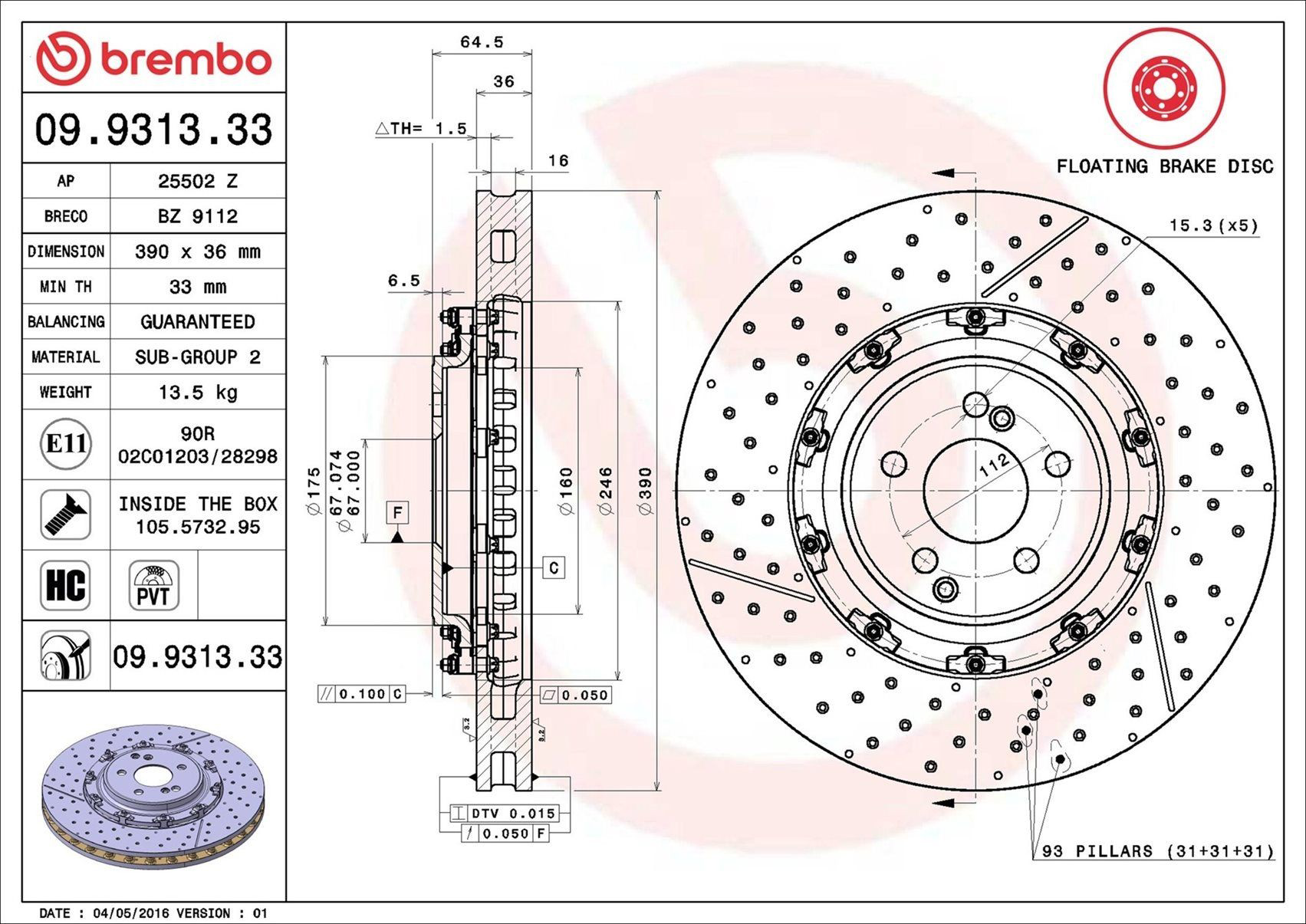 Tarcza hamulcowa przednia 09931333 Brembo