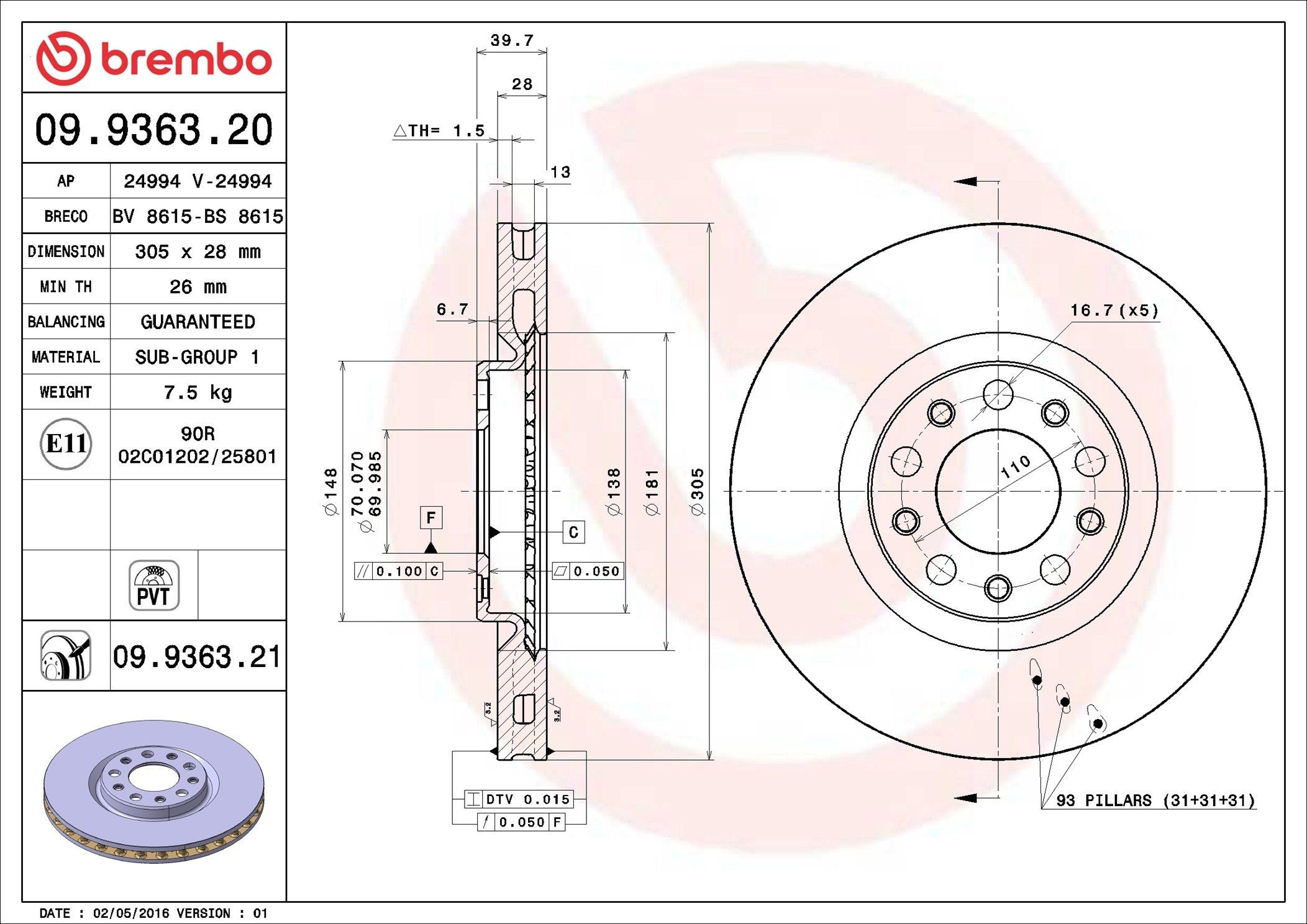 Tarcza hamulcowa przednia Brembo 09936321 cena, od 60,14 USD