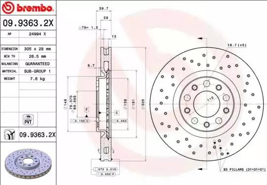 Tarcza hamulcowa przednia Brembo 0993632X cena, od 59,01 USD