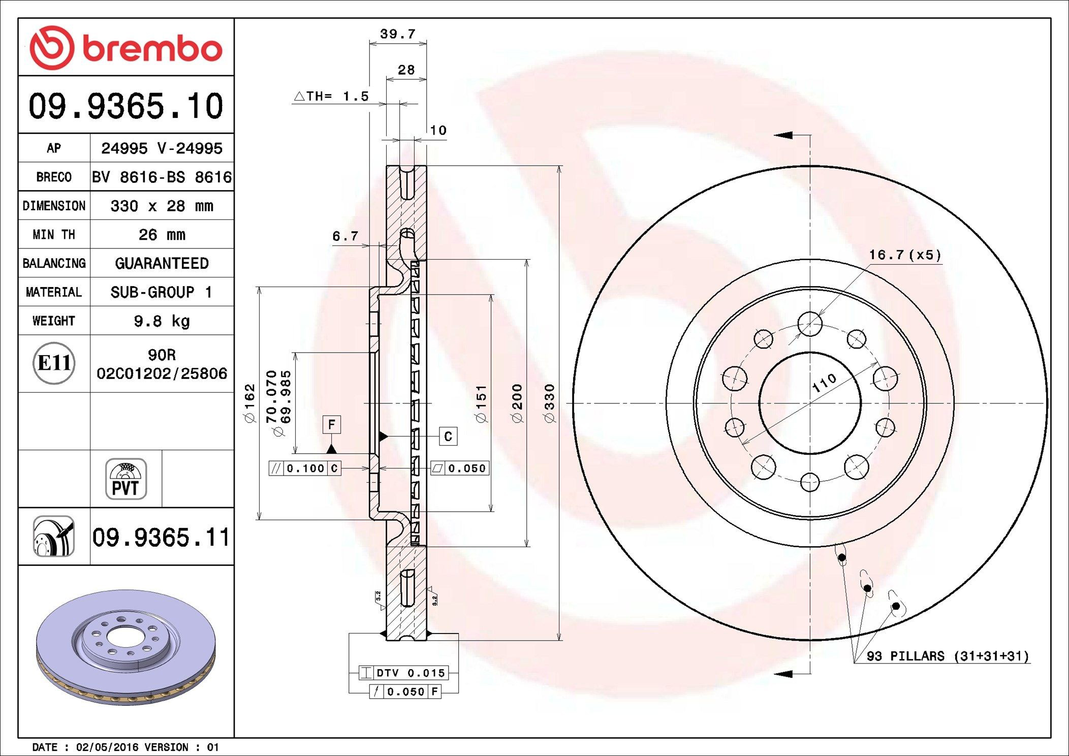 Tarcza hamulcowa przednia Brembo 09936511 cena, od 82,99 USD