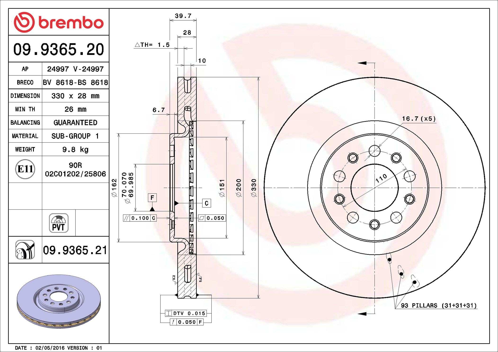 Do koszyka 09936521 Brembo Tarcza hamulcowa przednia