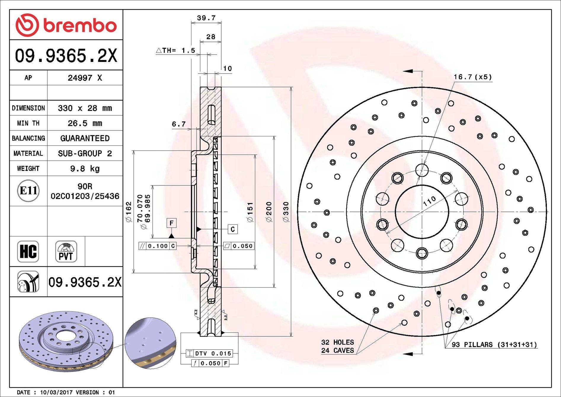 Tarcza hamulcowa przednia Brembo 0993652X cena, od 401,62 zł