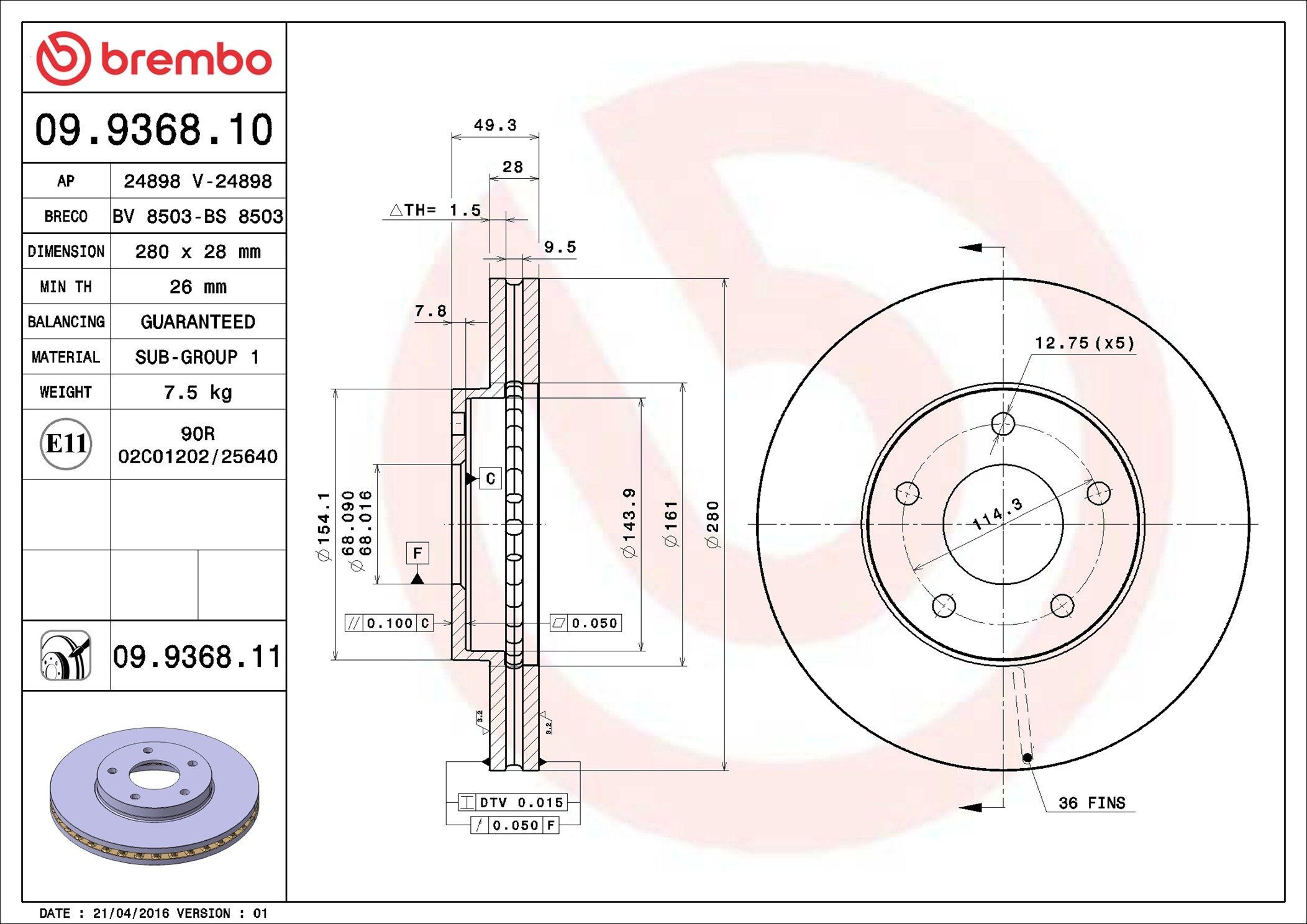 Tarcza hamulcowa przednia Brembo 09936811 cena, od 52,16 USD